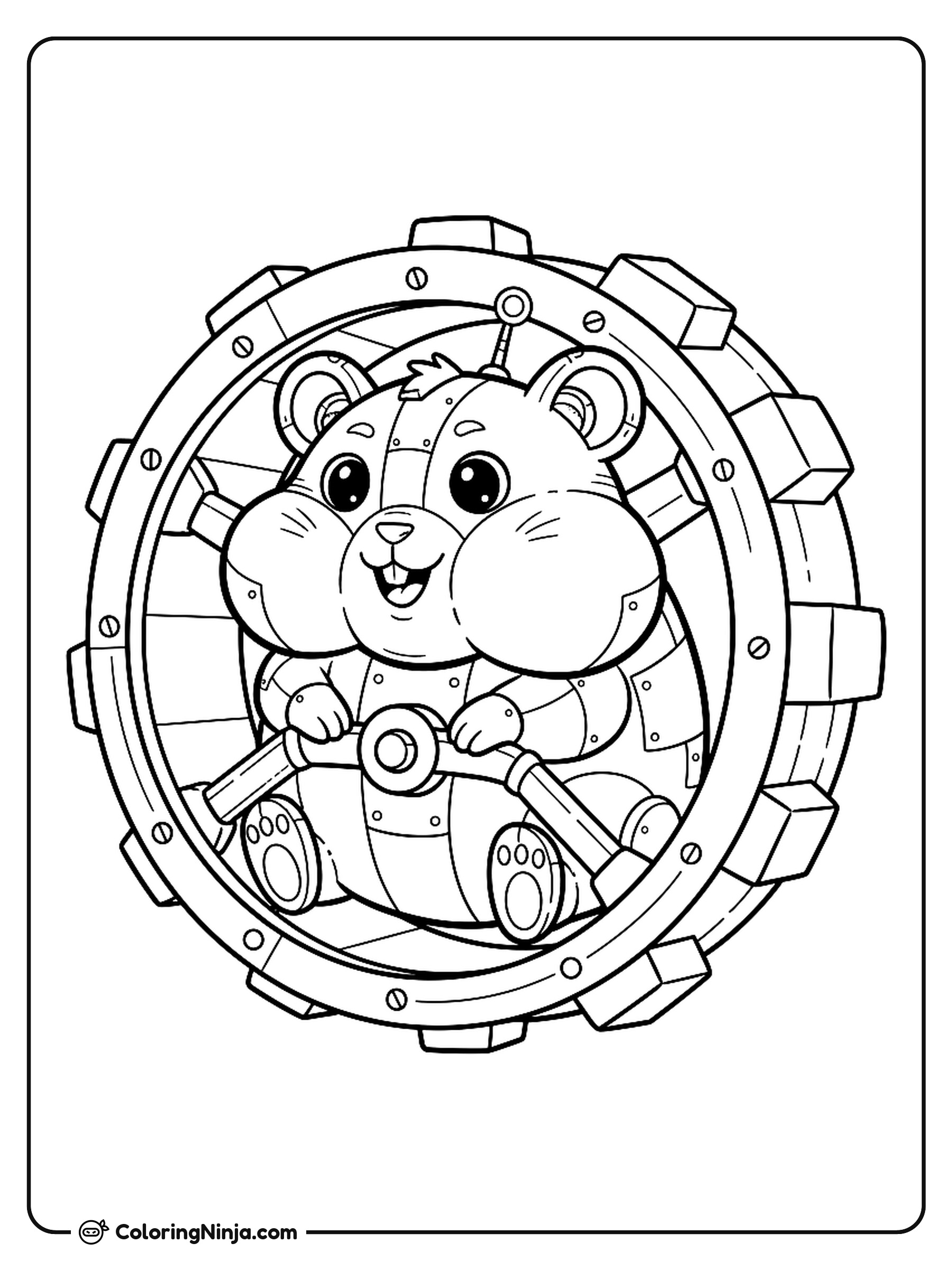 Hámster Robot Kawaii en su Rueda: dibujo para colorear