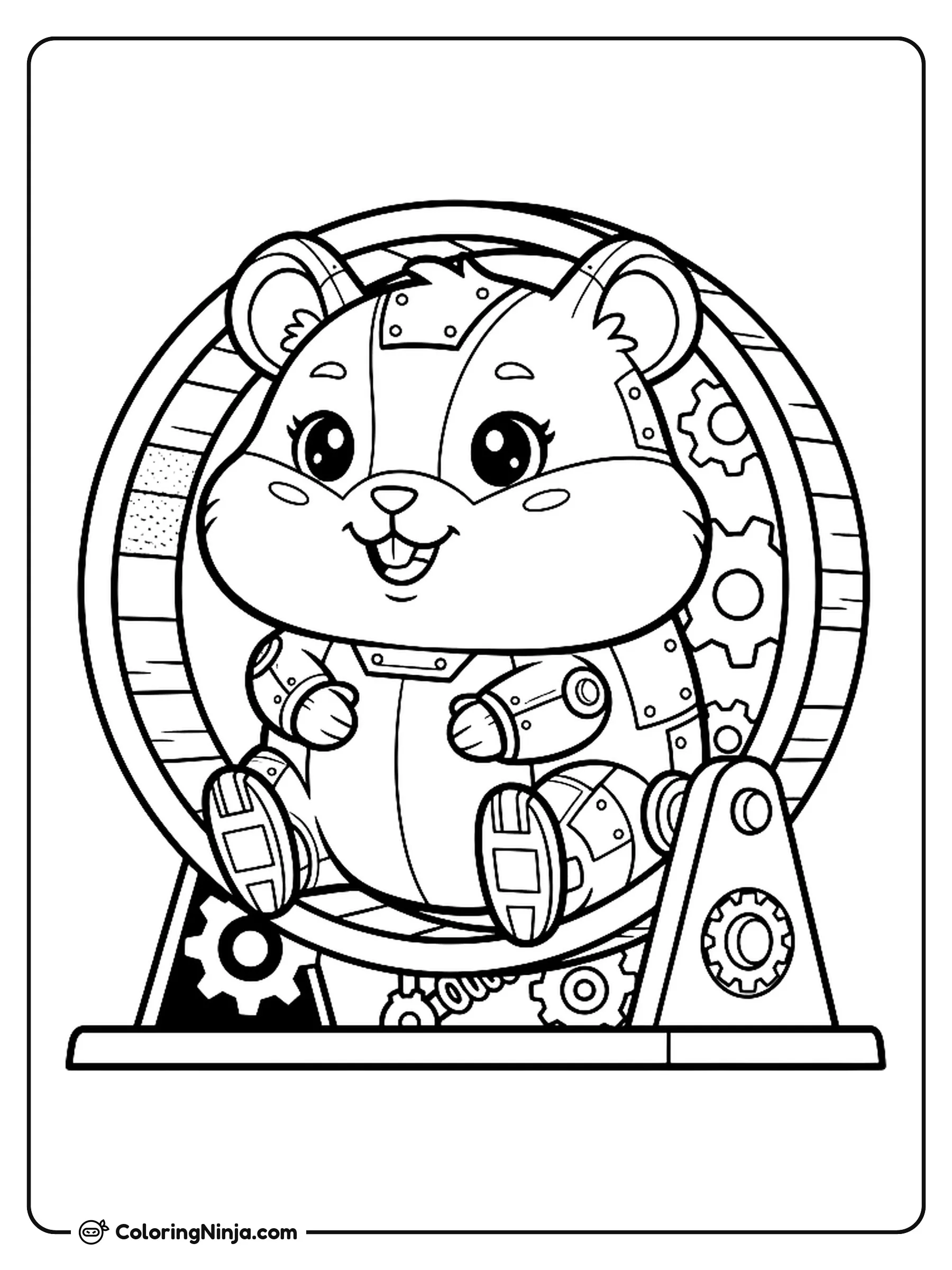 Adorable Kawaii Robot Hamster Coloring Page: An adorable kawaii robot hamster with rounded shapes and robotic details on its head sits happily on the edge of a mechanical hamster wheel.