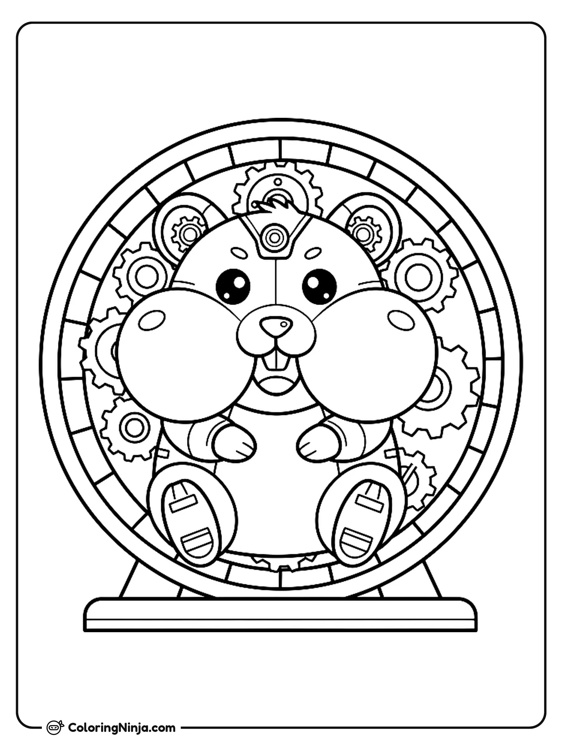 Cute Kawaii Robot Hamster Coloring Page: An adorable kawaii robot hamster with rounded shapes and mechanical details on its head sits smiling inside a mechanical hamster wheel built just for its size.
