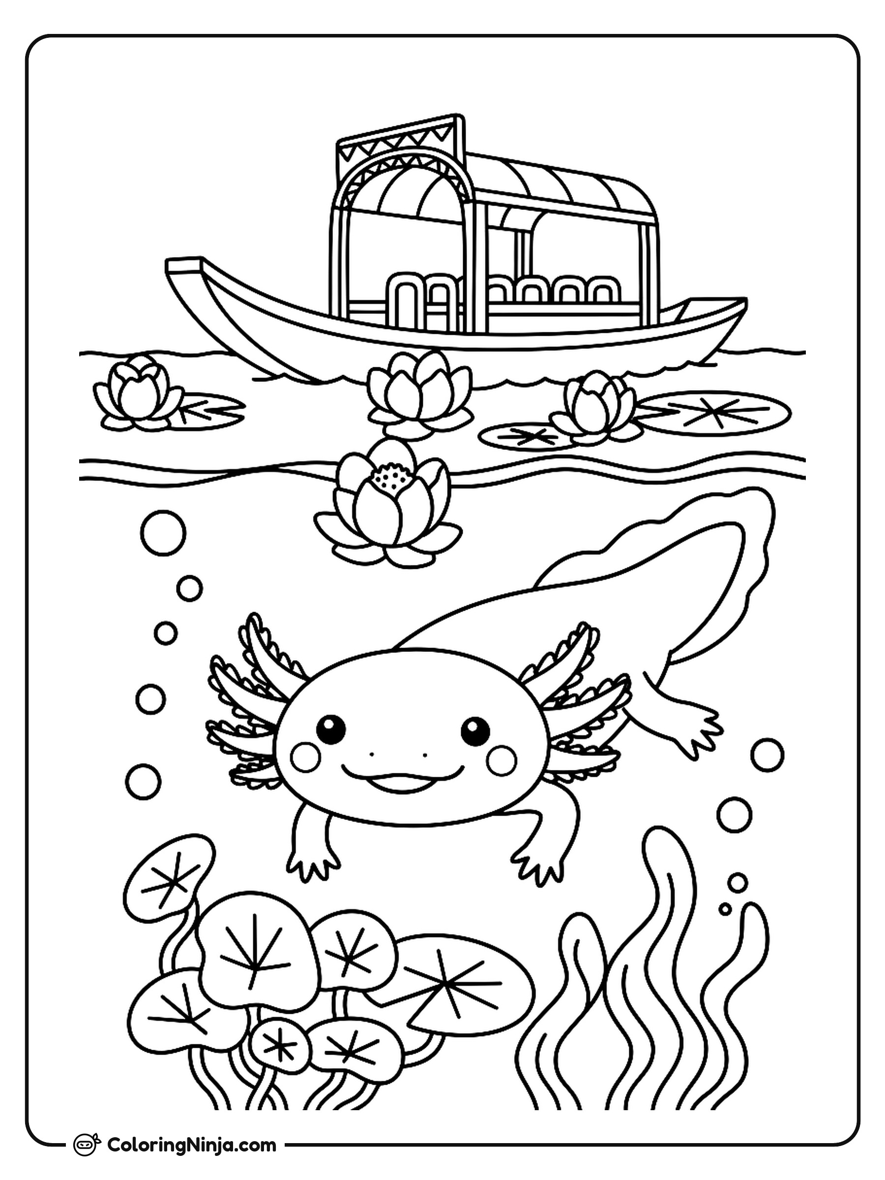 Axolotl in a Xochimilco Canal Coloring Page
