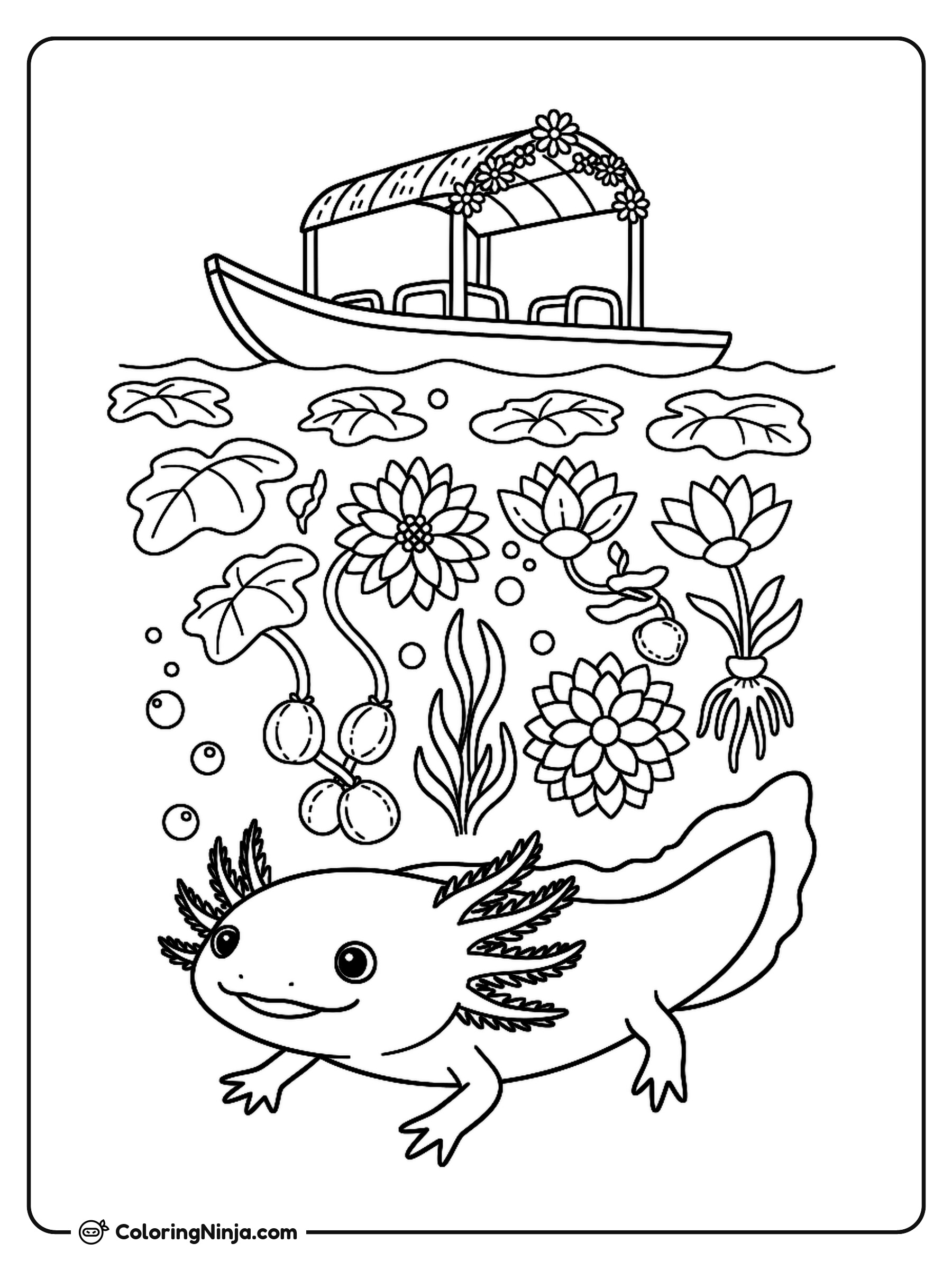 Underwater Axolotl in Xochimilco Coloring Page