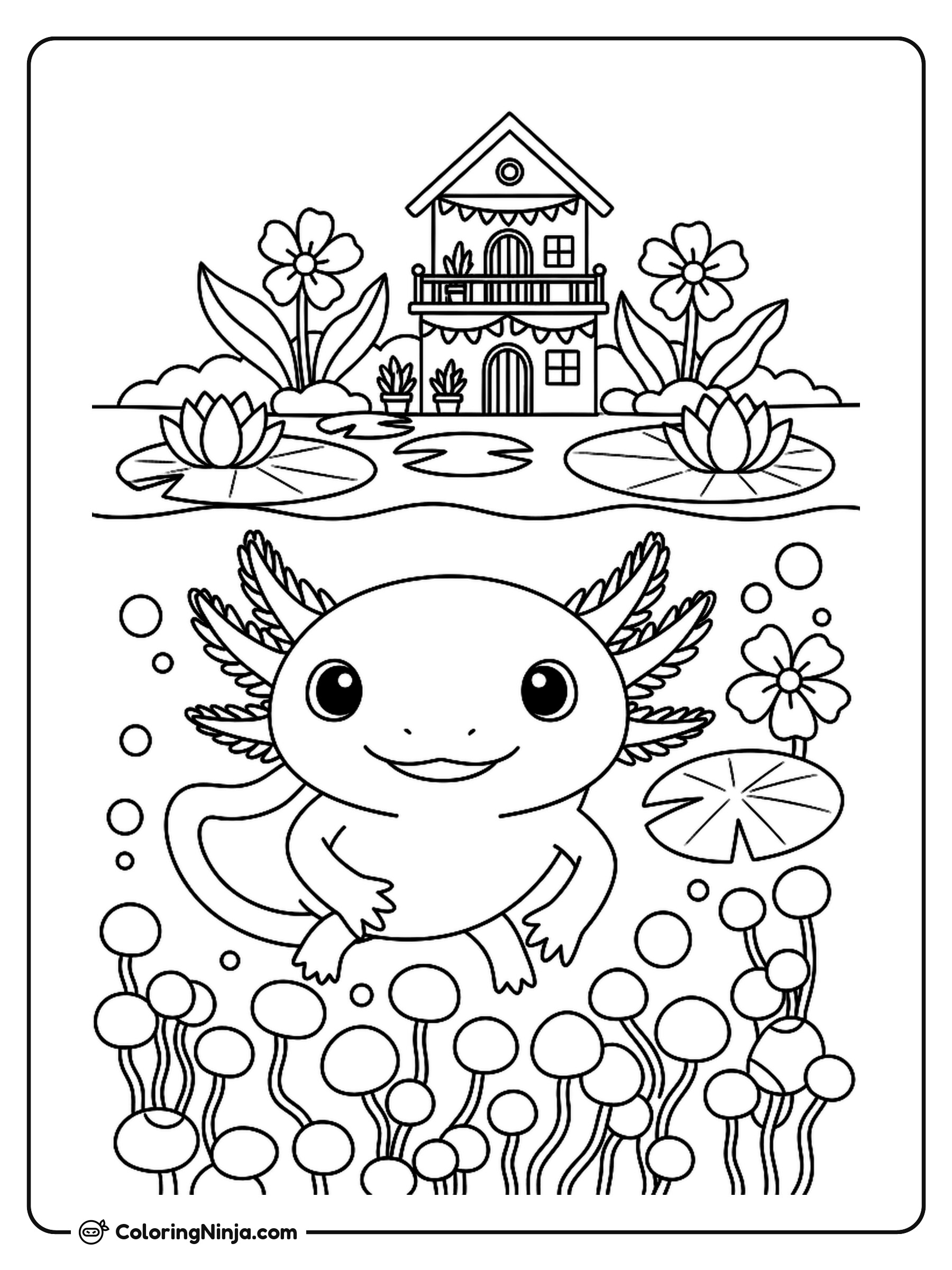 Axolotl In A Xochimilco Water Garden Coloring Page