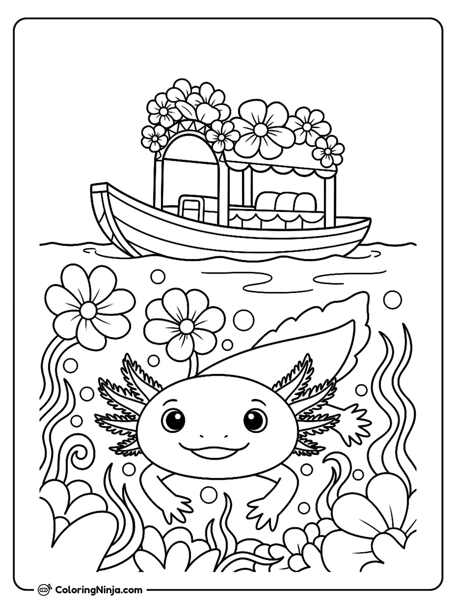 Mexican Axolotl in Xochimilco Coloring Page: An axolotl swims underwater in the canals of Xochimilco. A traditional Mexican boat floats above on the water's surface, surrounded by floating flowers and aquatic plants.