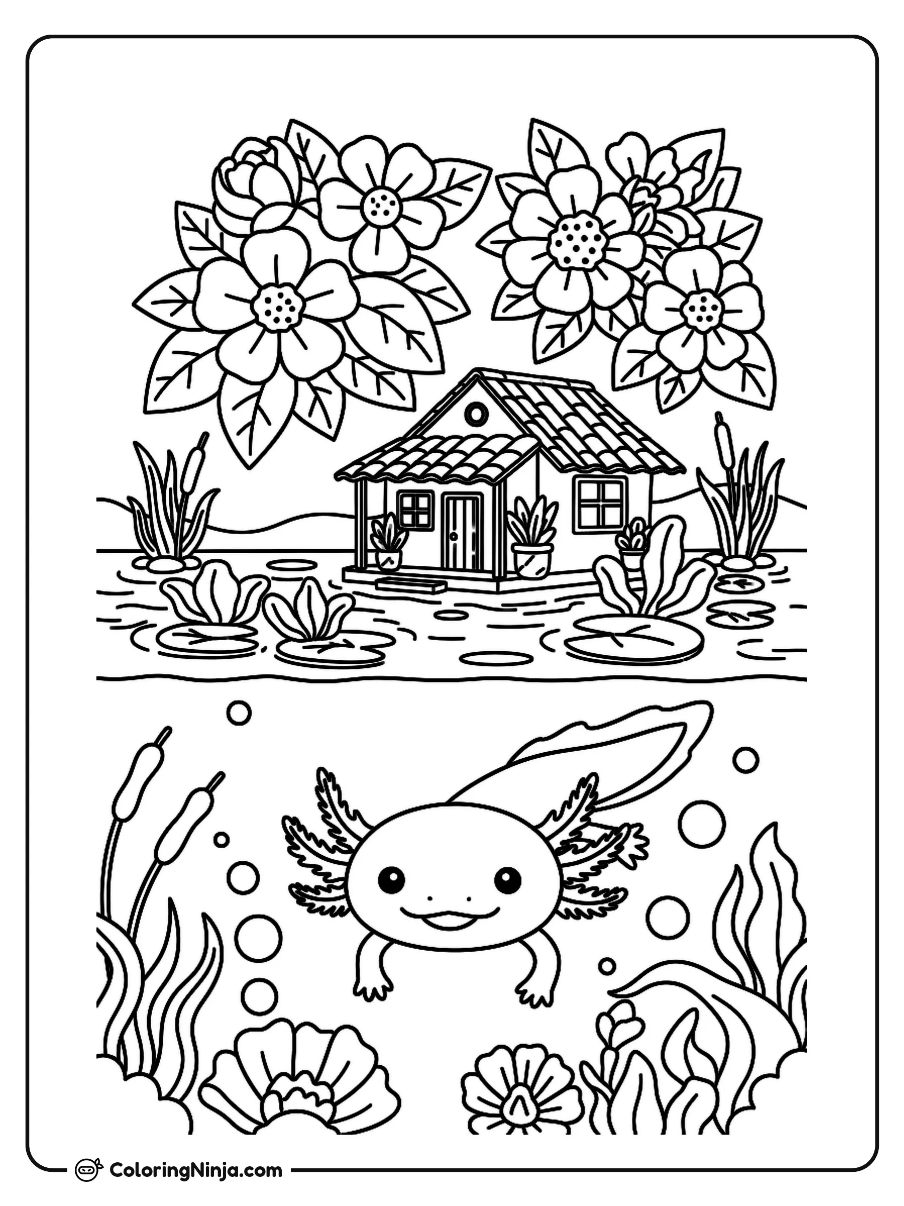 Axolotl in Xochimilco Water Garden Coloring Page: An axolotl swims underwater in the famous canals of Xochimilco. Floating flowers and various aquatic plants drift around the creature in the clear water.