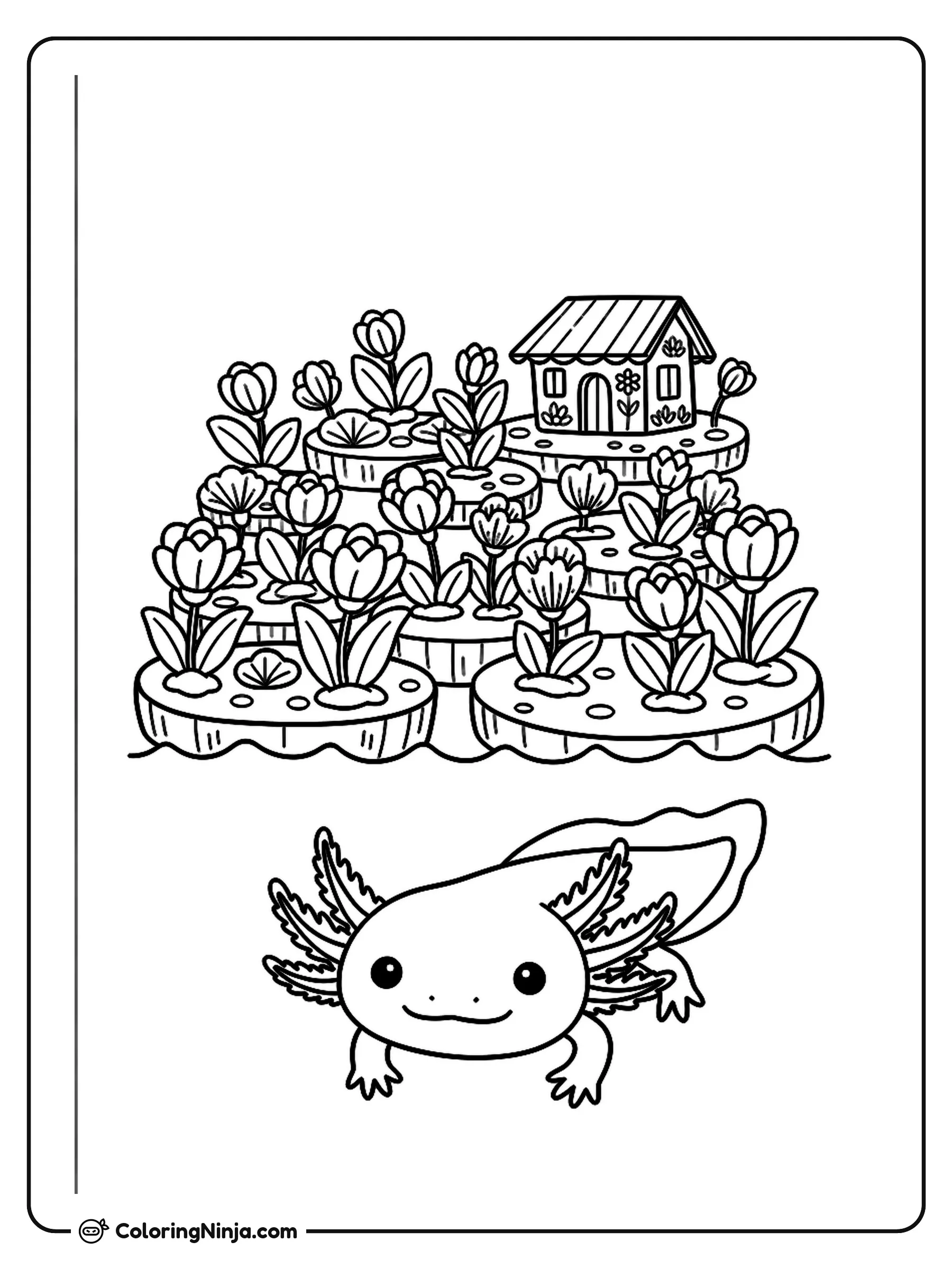 Axolotl in a Xochimilco Water Garden Coloring Page: This page features an axolotl swimming underwater in a Mexican Xochimilco water garden.