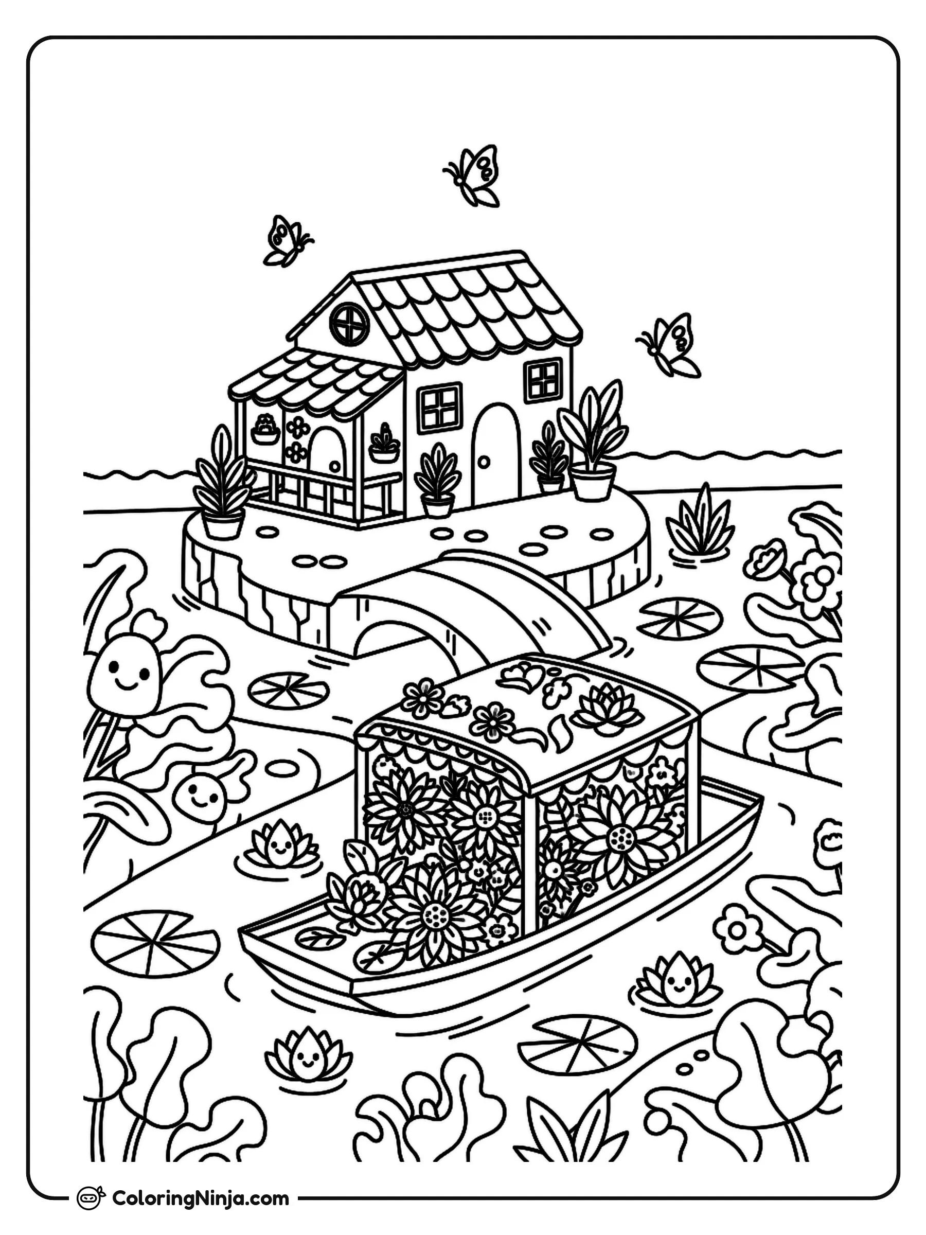 Mexican Floating Garden Canal Coloring Page: A vibrant Mexican water garden inspired by the historic canals of Xochimilco fills the scene.