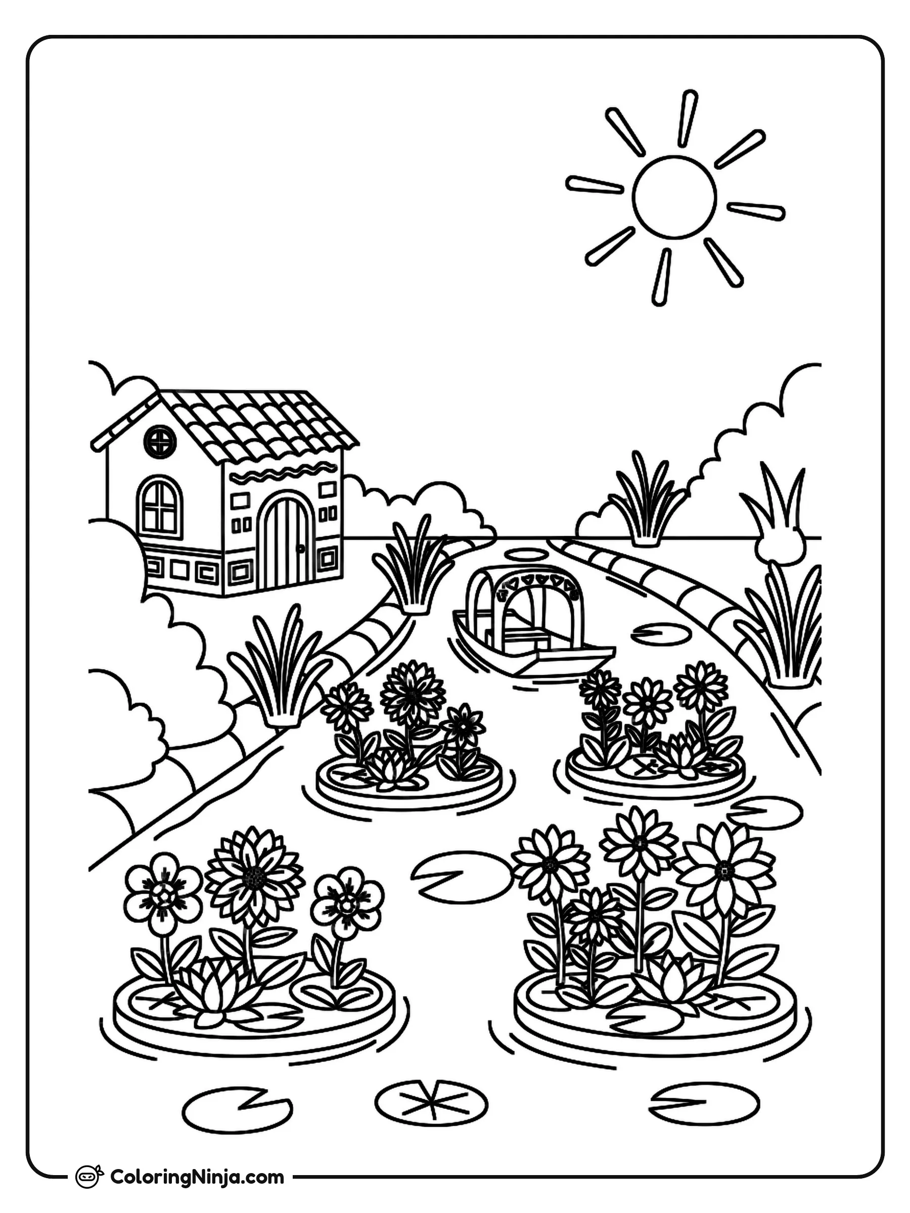 Mexican Xochimilco Water Garden Coloring Page: This page features a Mexican water garden inspired by the historic canals of Xochimilco.