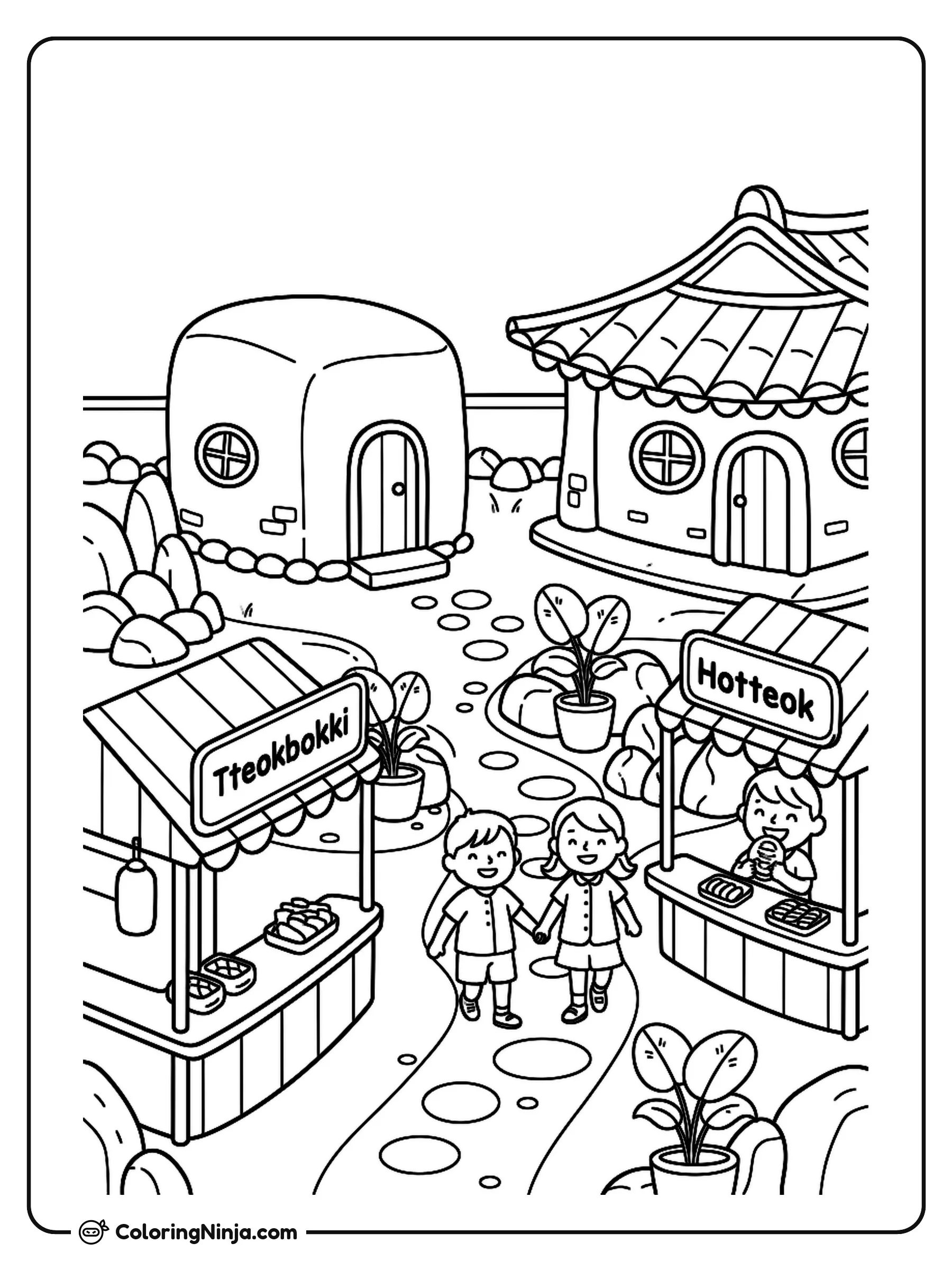 Korean Rooftop Garden with Food Stalls Coloring Page: A South Korean rooftop garden features unique Korean buildings with rounded shapes. Small Korean food stalls sit along the rooftop paths amidst the plants and greenery.