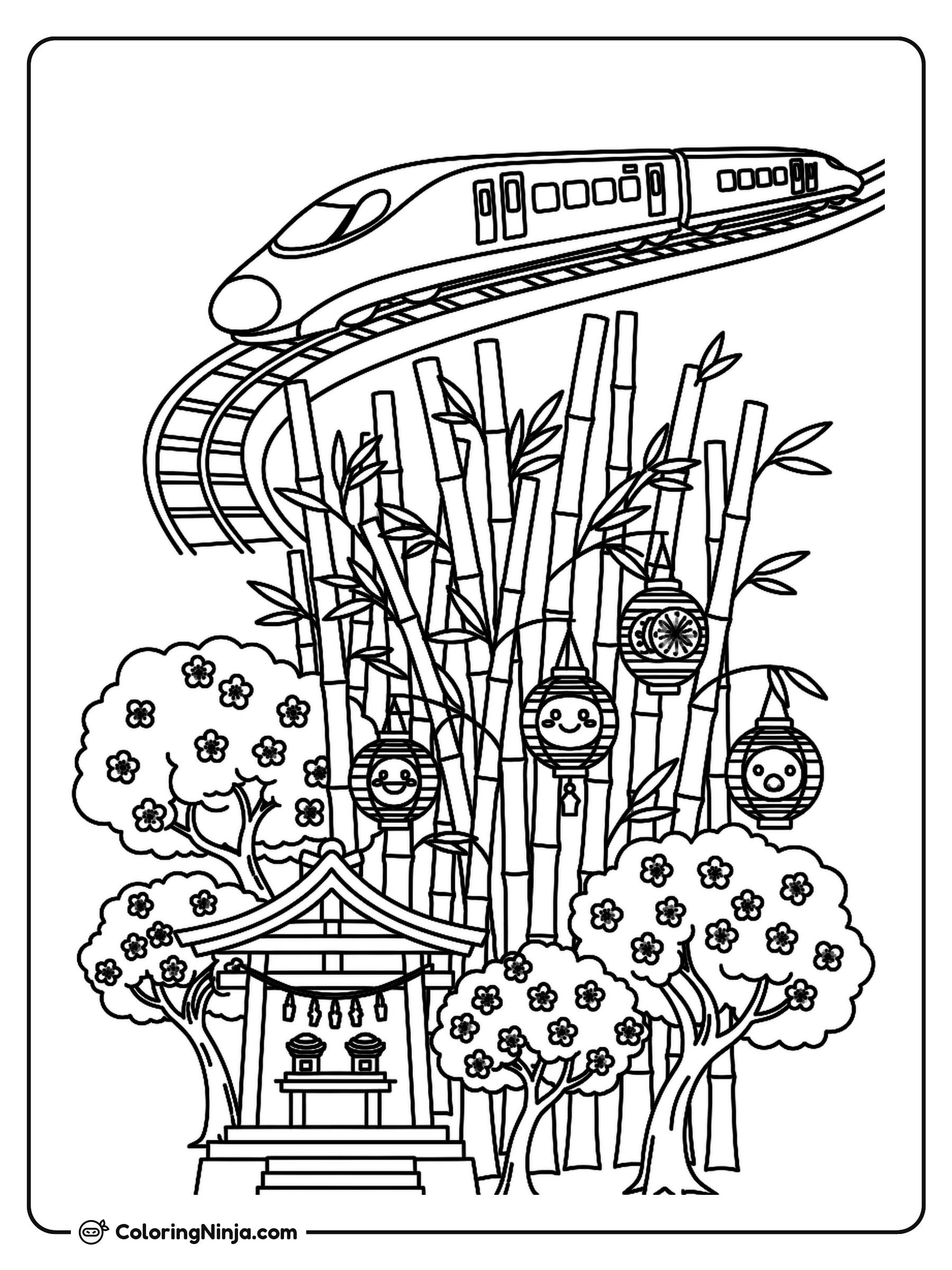 Japanese Bamboo Garden with Train Coloring Page