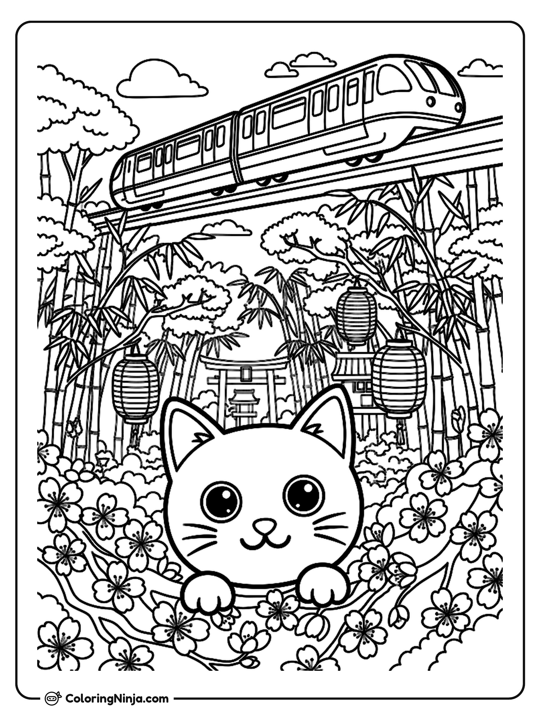 Cat in a Japanese Bamboo Garden Coloring Page