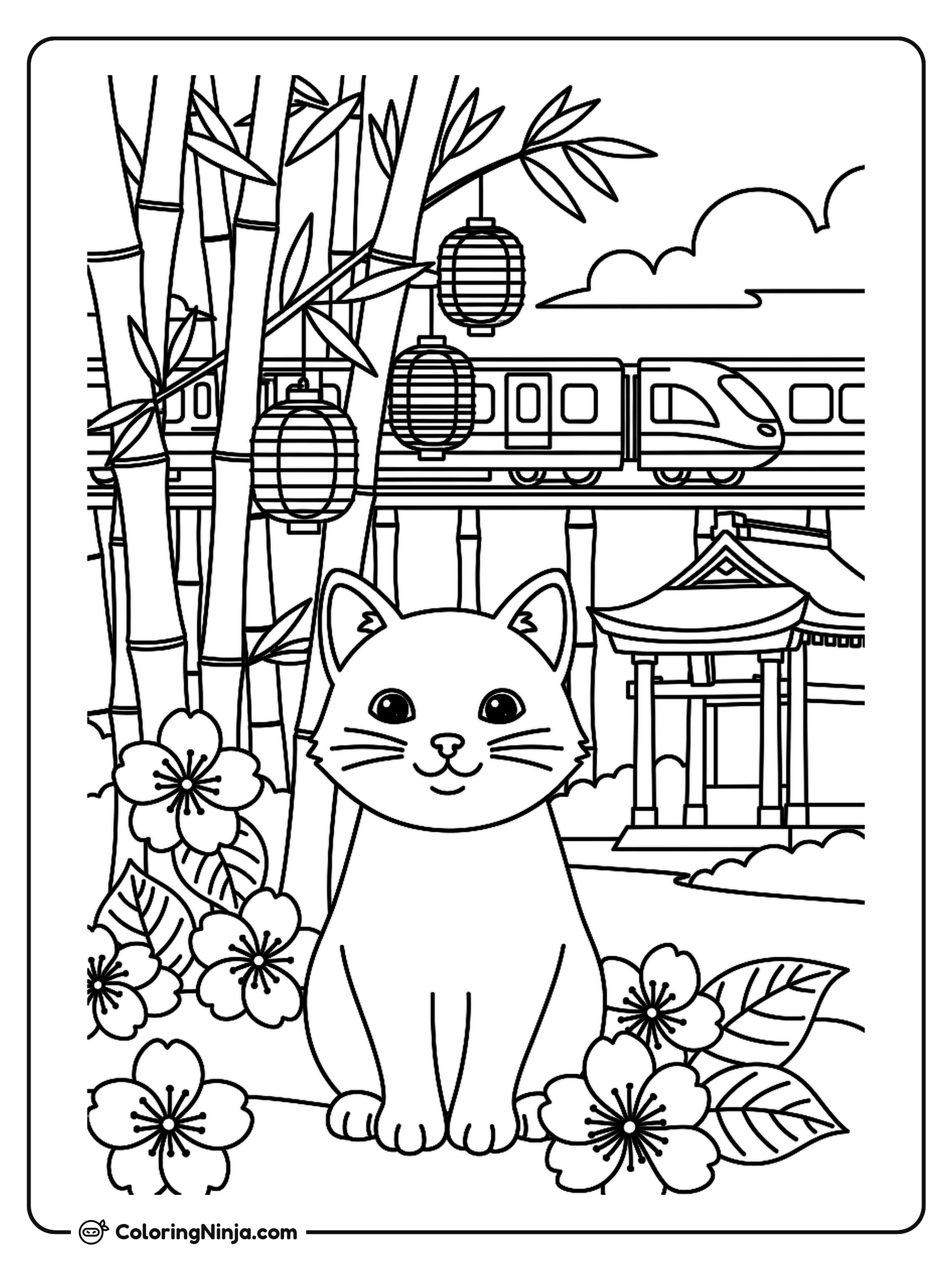 A Cat in a Japanese Garden Coloring Page