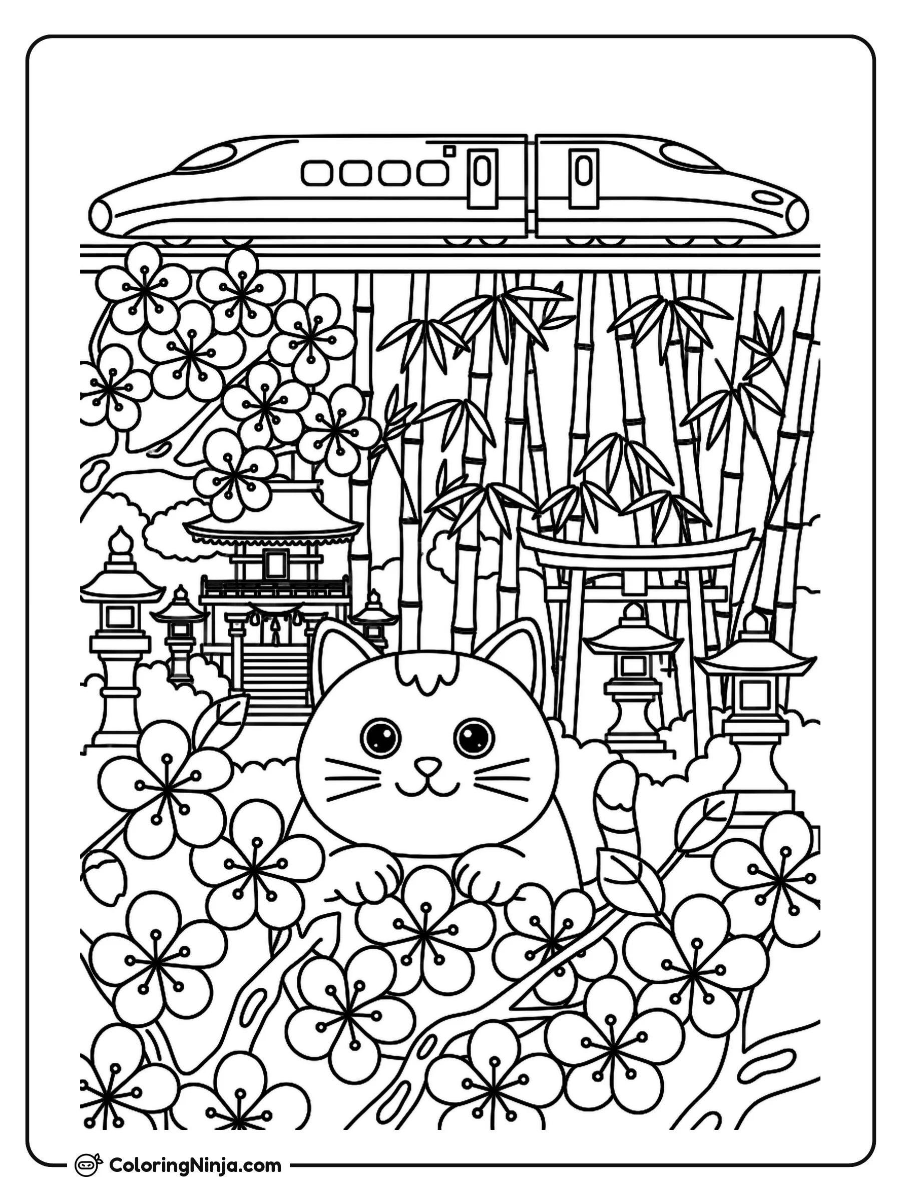 A Cat in Japanese Cherry Blossoms Coloring Page: This scene features a cat hiding among the branches of blooming Japanese cherry trees.