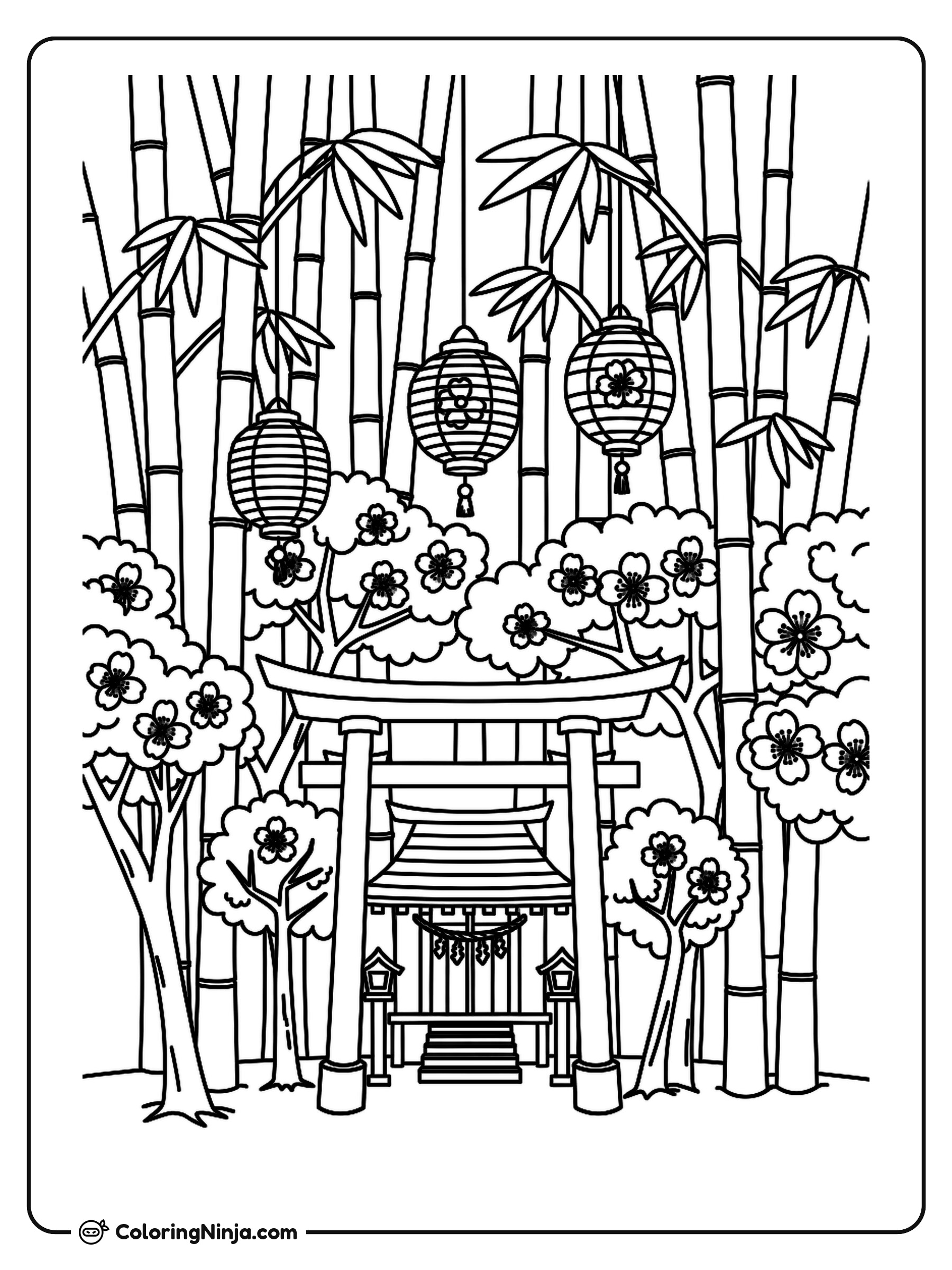 Japanese Garden With Cherry Blossoms Coloring Page