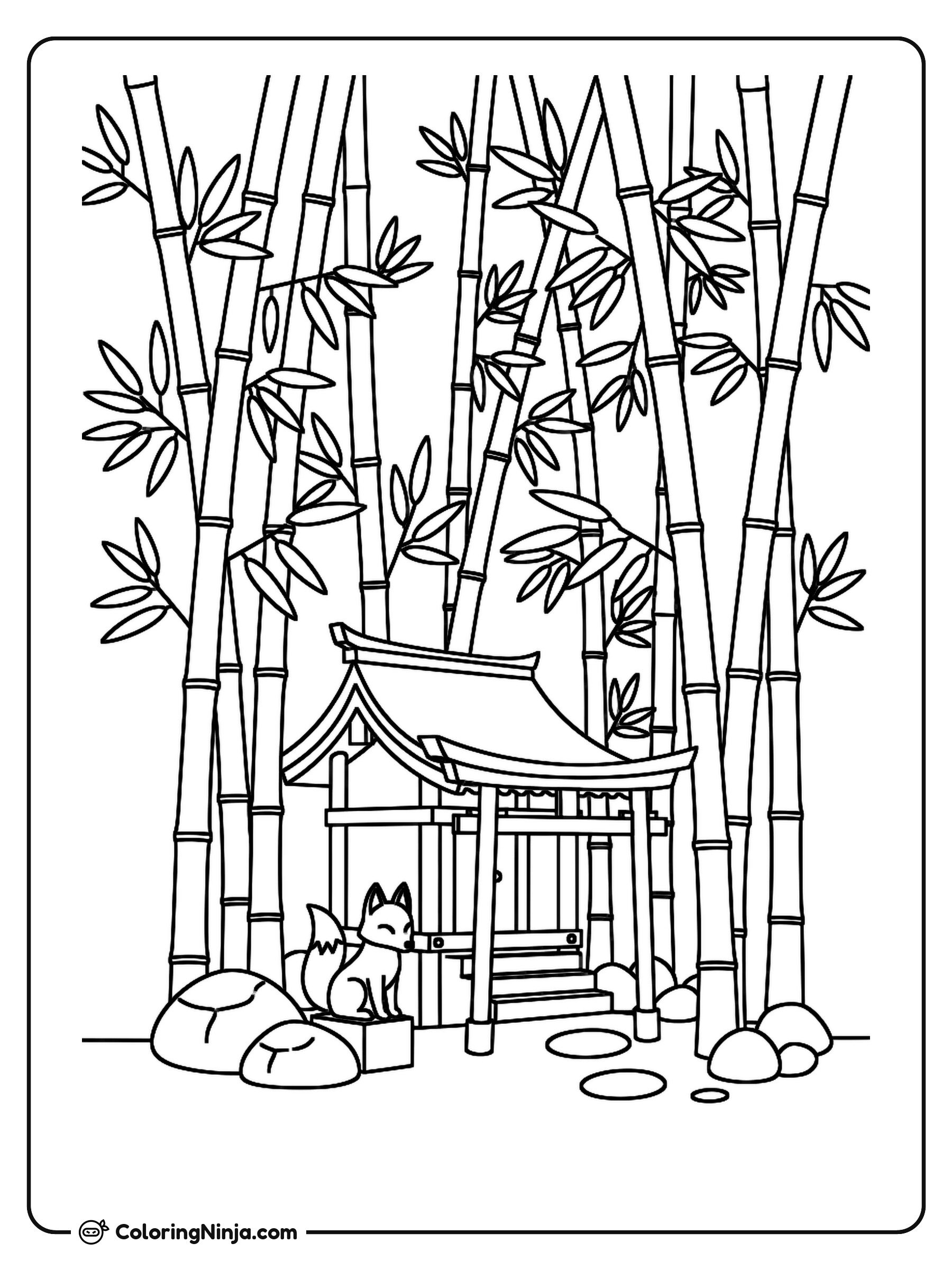 Japanese Bamboo Garden and Shrine Coloring Page