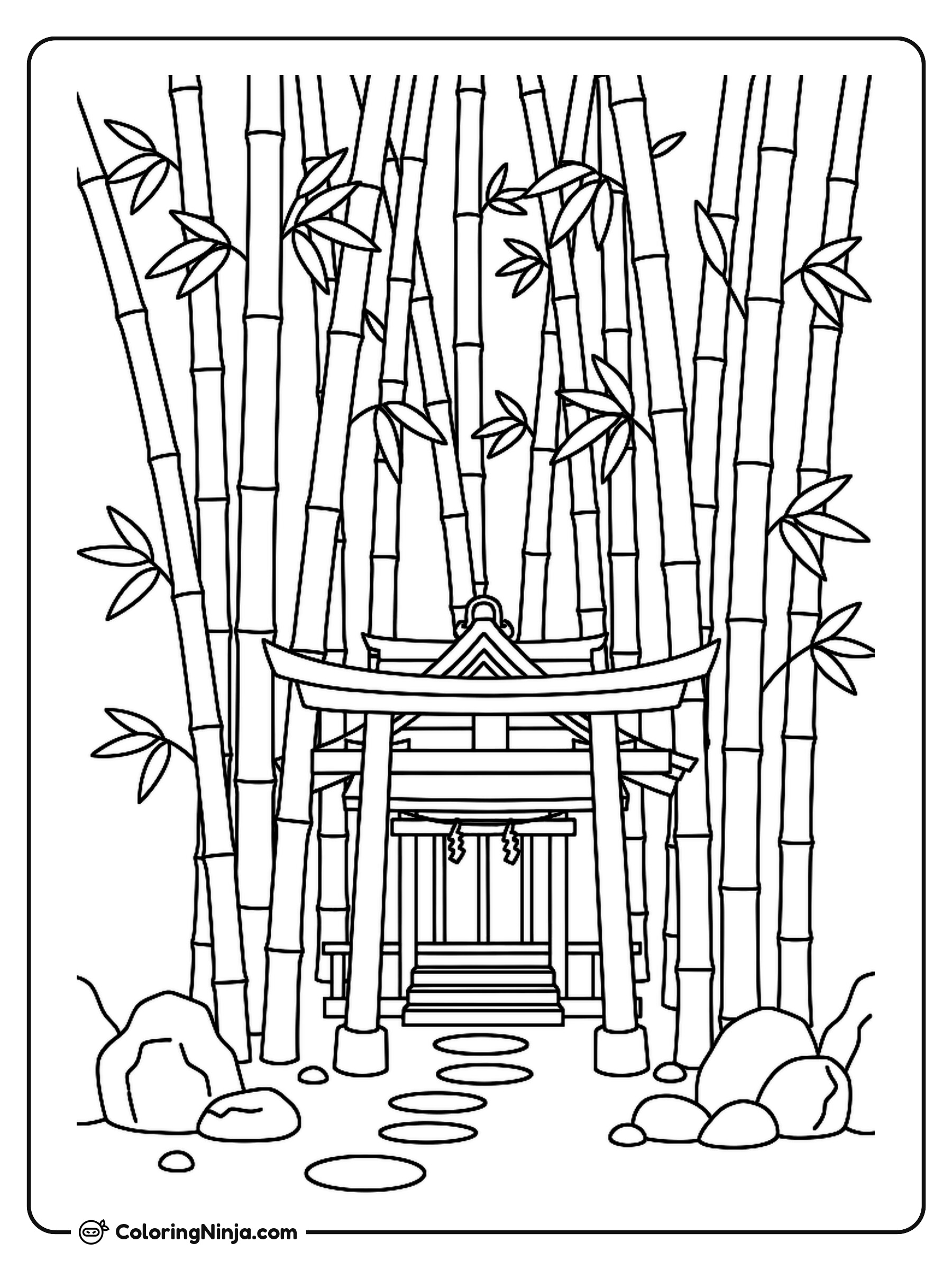 Japanese Bamboo Garden and Shrine Coloring Page