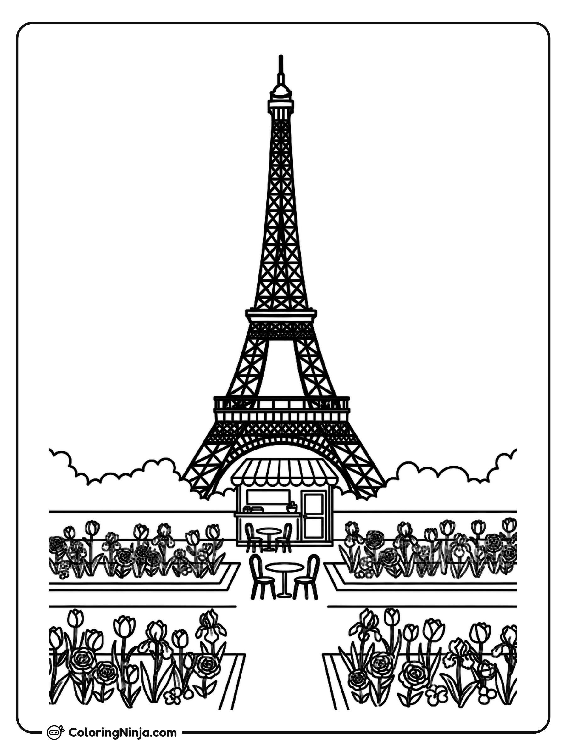 French Garden and Eiffel Tower Coloring Page