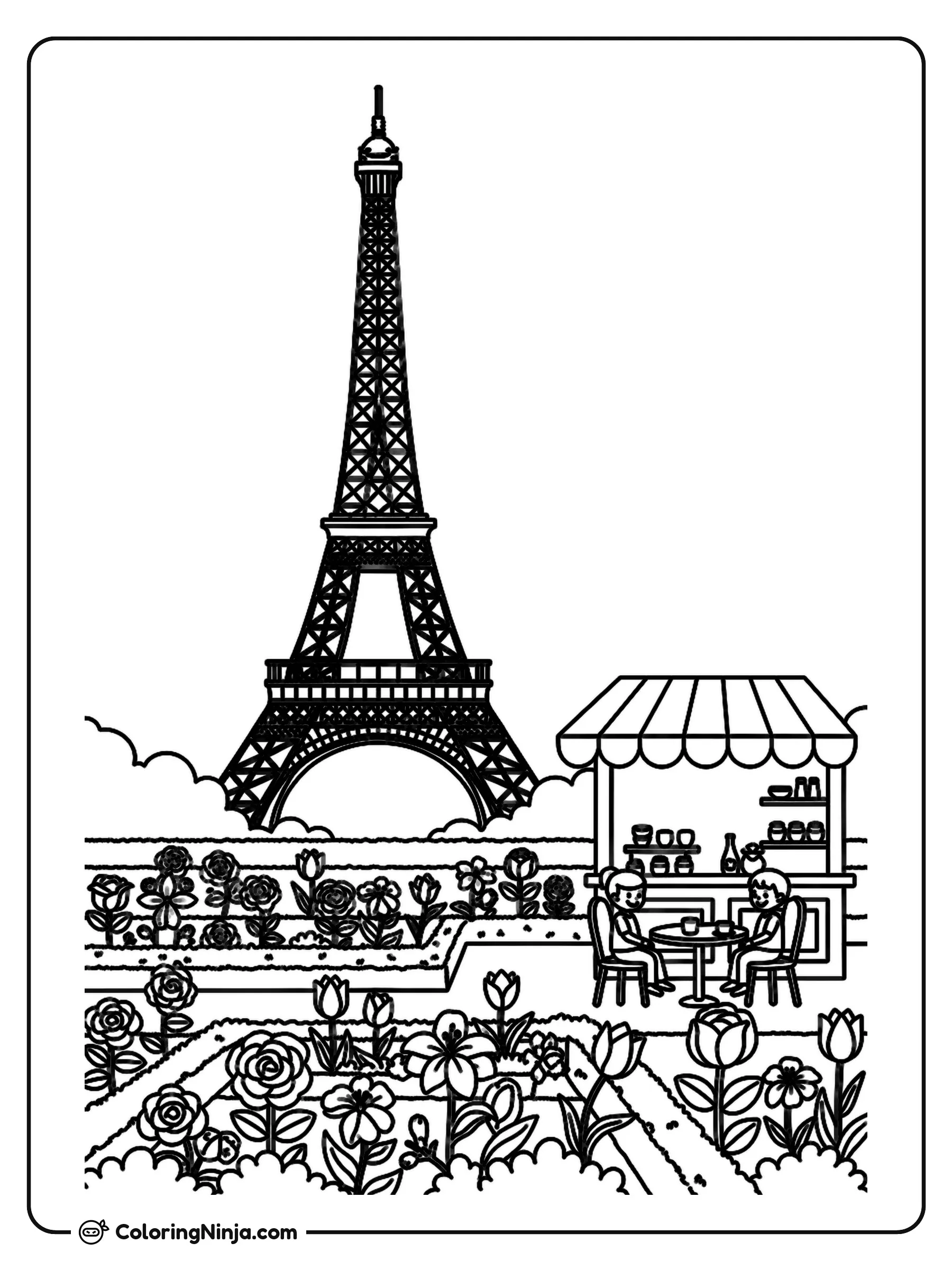 French Garden With Eiffel Tower Coloring Page: This coloring scene features a charming French garden filled with various blooming flowers. A cozy little cafe sits tucked in the garden area.