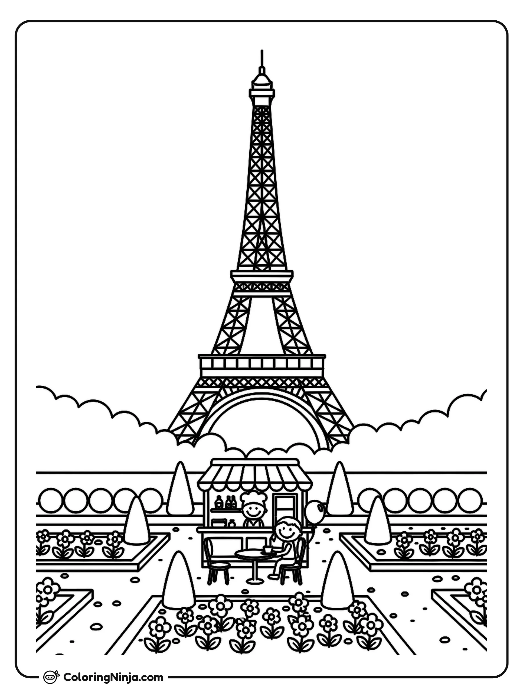 French Garden and Eiffel Tower Coloring Page: This scene features a charming French garden with a small cafe set outdoors. In the distance, the iconic Eiffel Tower stands tall against the sky.