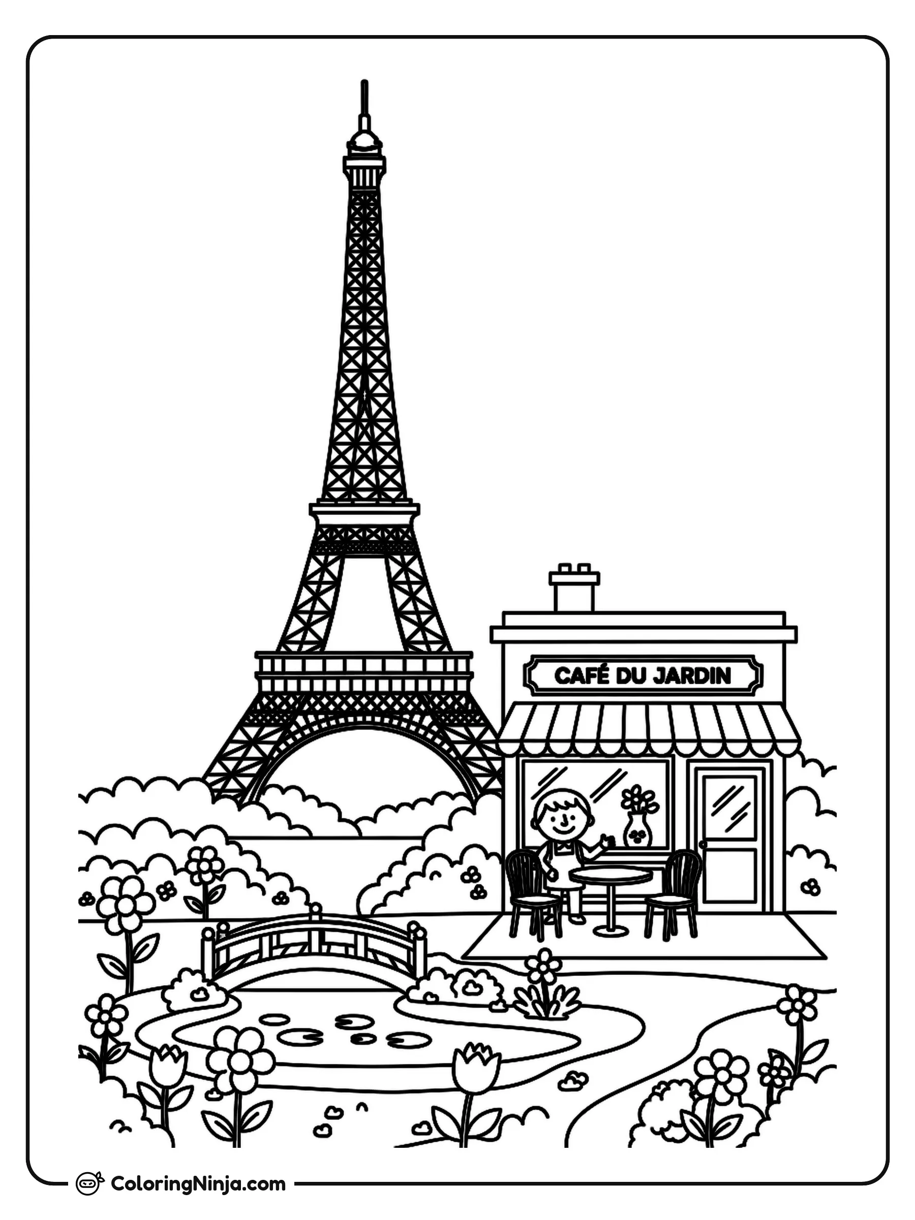 Eiffel Tower Garden Cafe Coloring Page: This page shows a vibrant garden filled with blooming plants and flowers in the foreground. Beside the garden sits a charming small cafe with outdoor tables and chairs.
