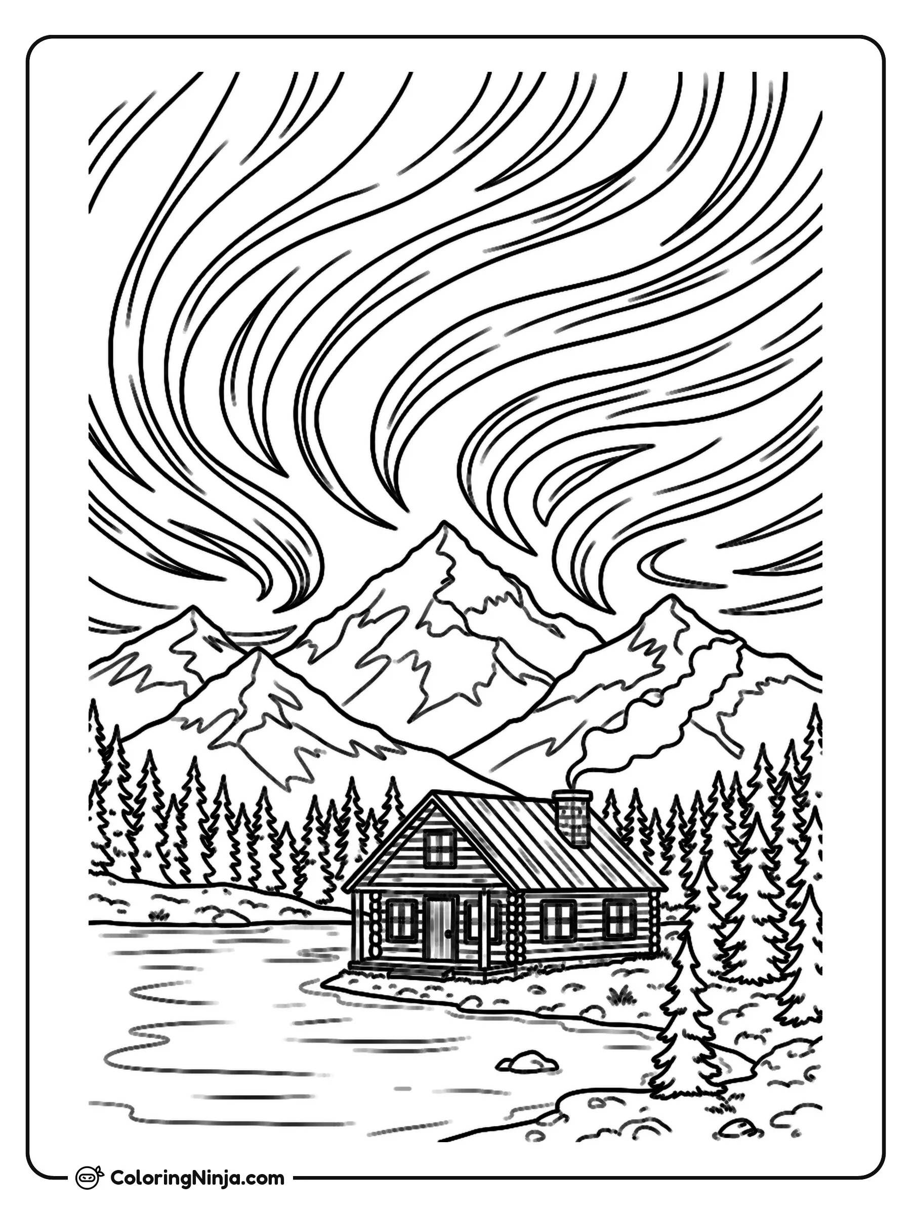 Canadian Lake and Northern Lights Coloring Page: This page features a scenic view of a Canadian lake surrounded by tall pine trees and majestic mountains.