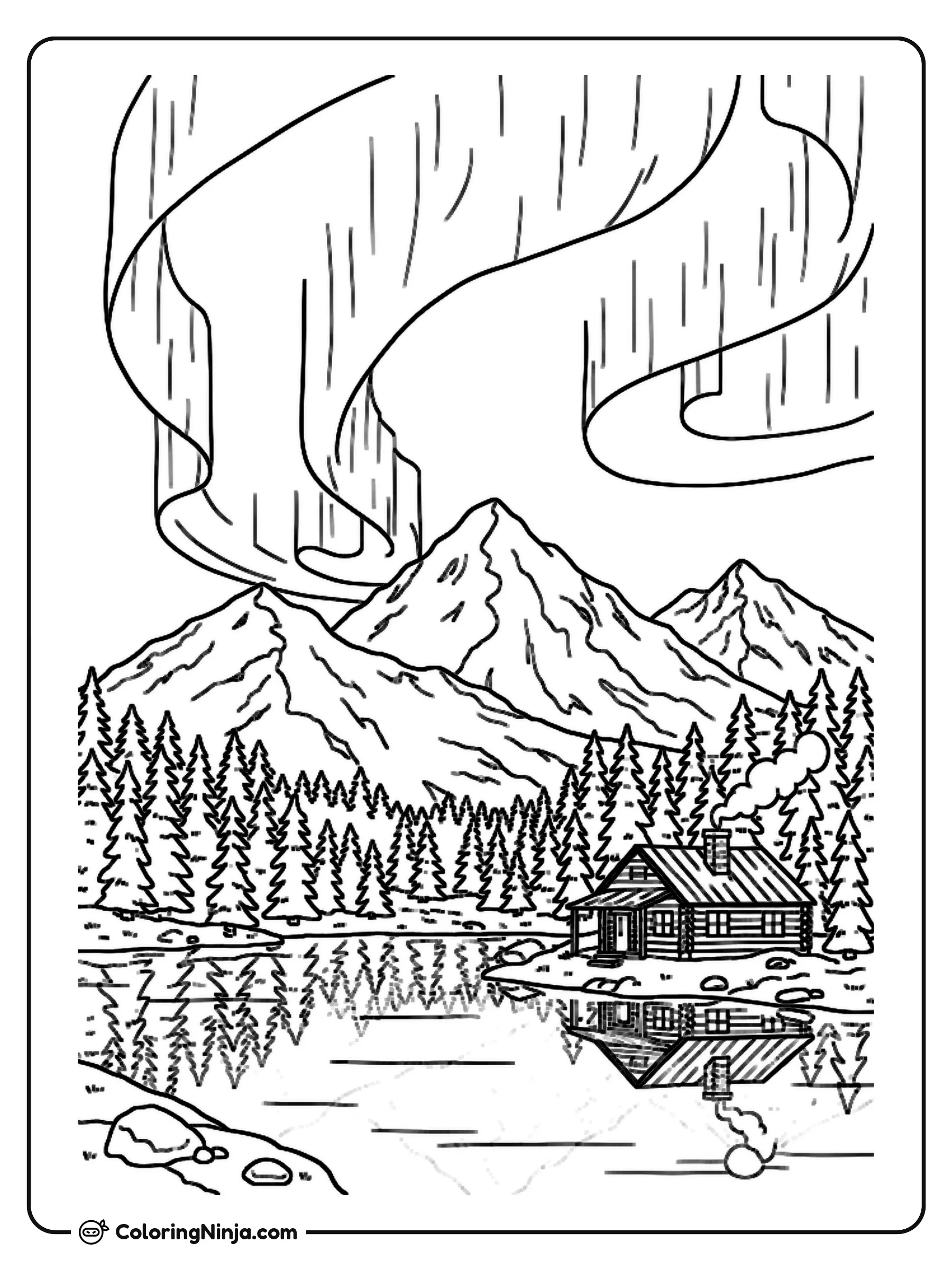 Canadian Lake And Aurora Borealis Coloring Page: This coloring page features a serene Canadian lake surrounded by tall pine trees and majestic mountains.