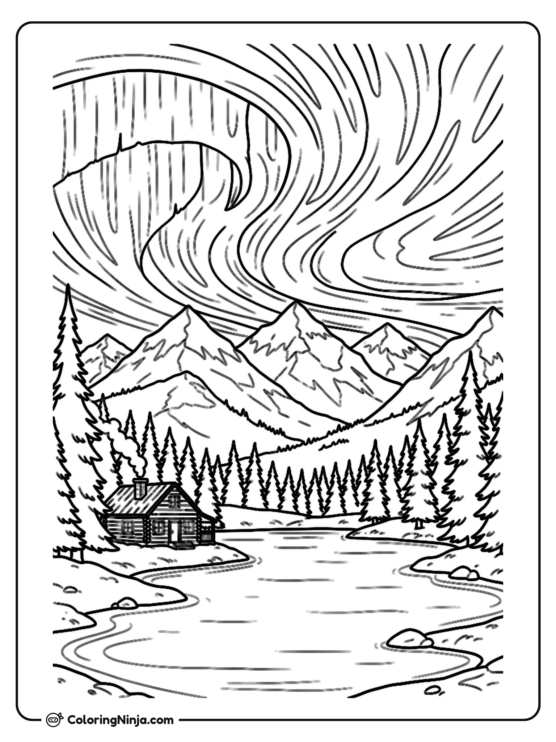 Canadian Lake and Northern Lights Coloring Page: This coloring page features a quiet Canadian lake surrounded by tall pine trees and majestic mountains.