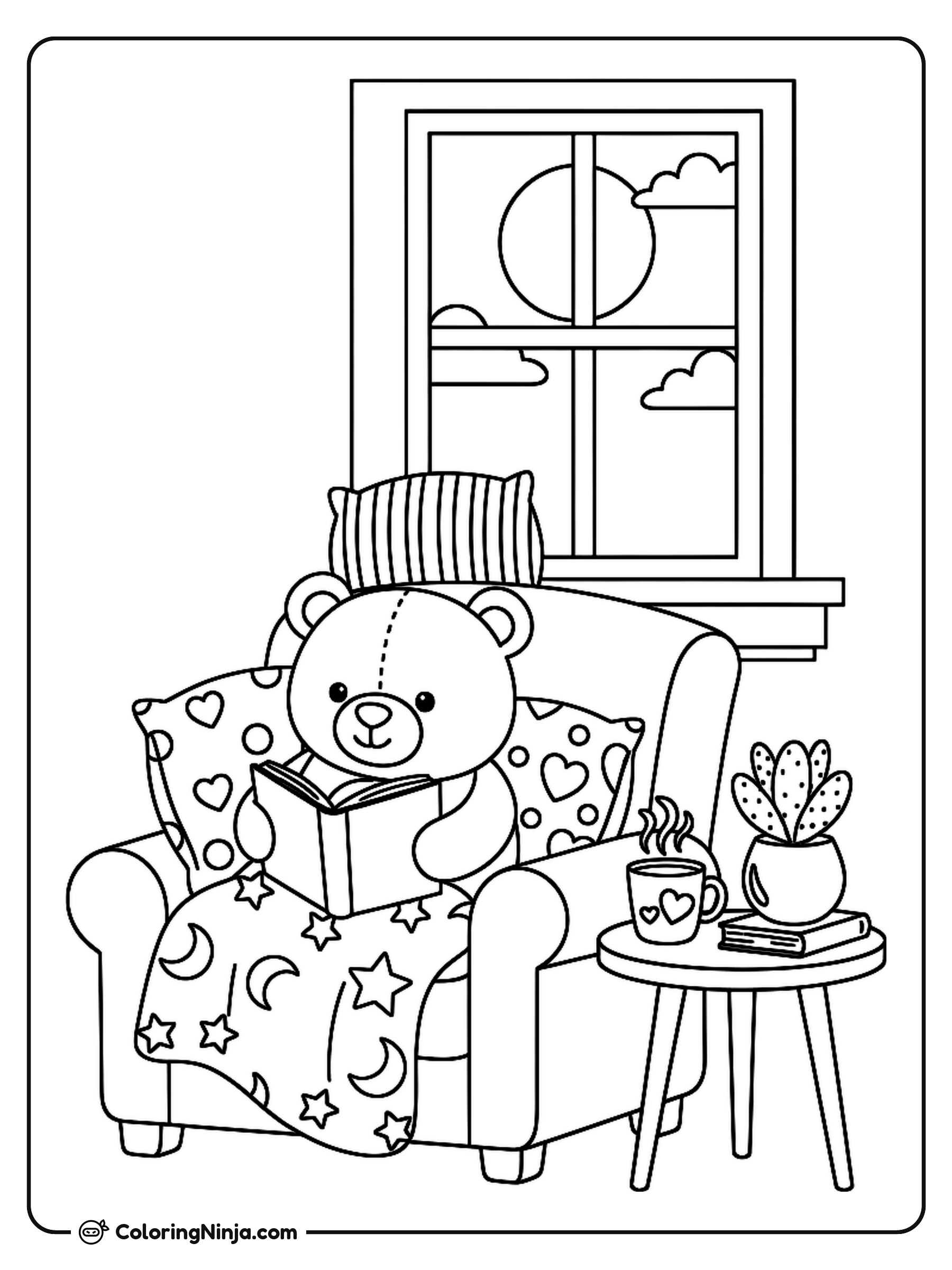 Cute Bear Reading In Armchair Coloring Page