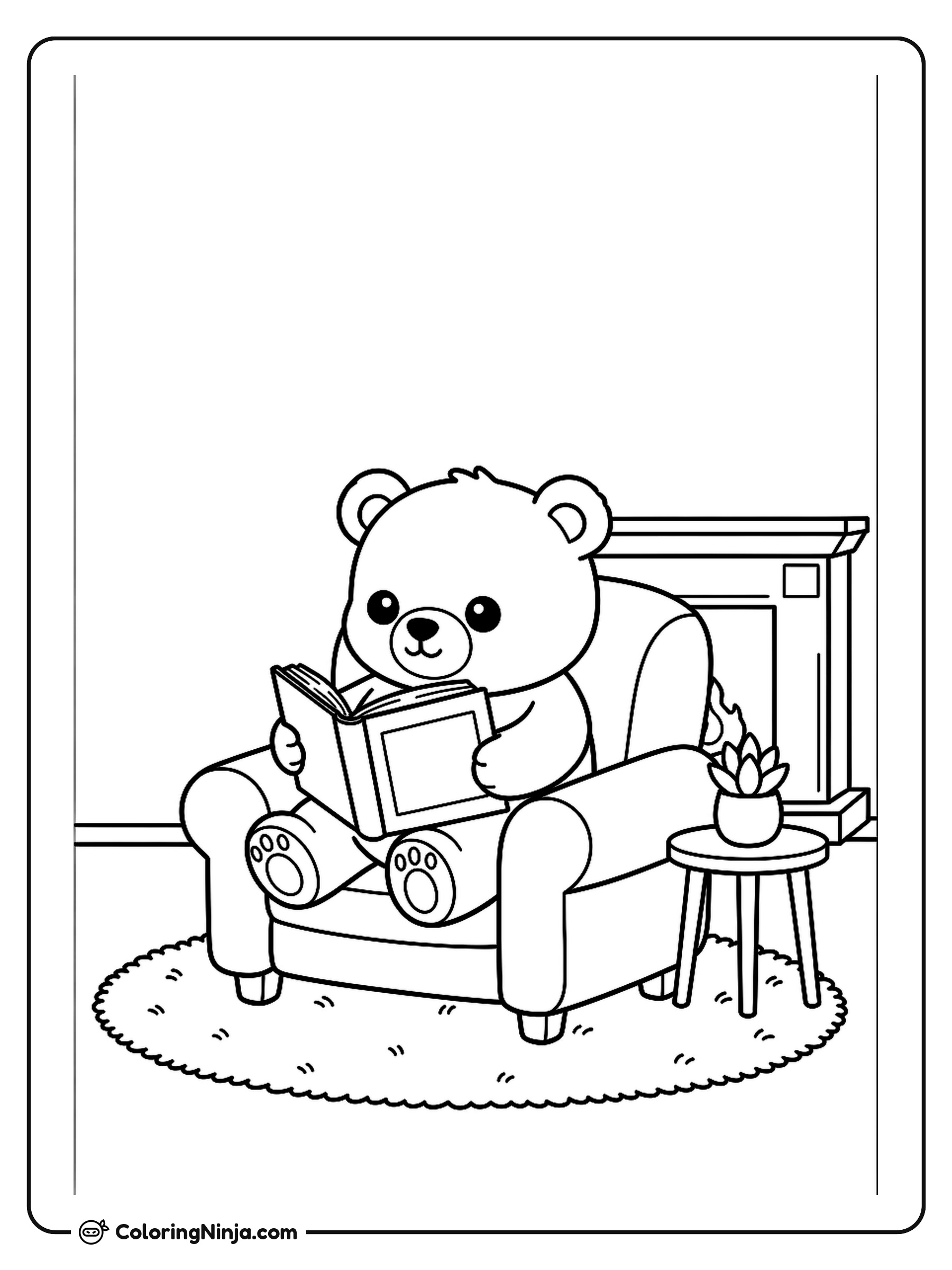 Osito tierno leyendo en un sillón: dibujo para colorear