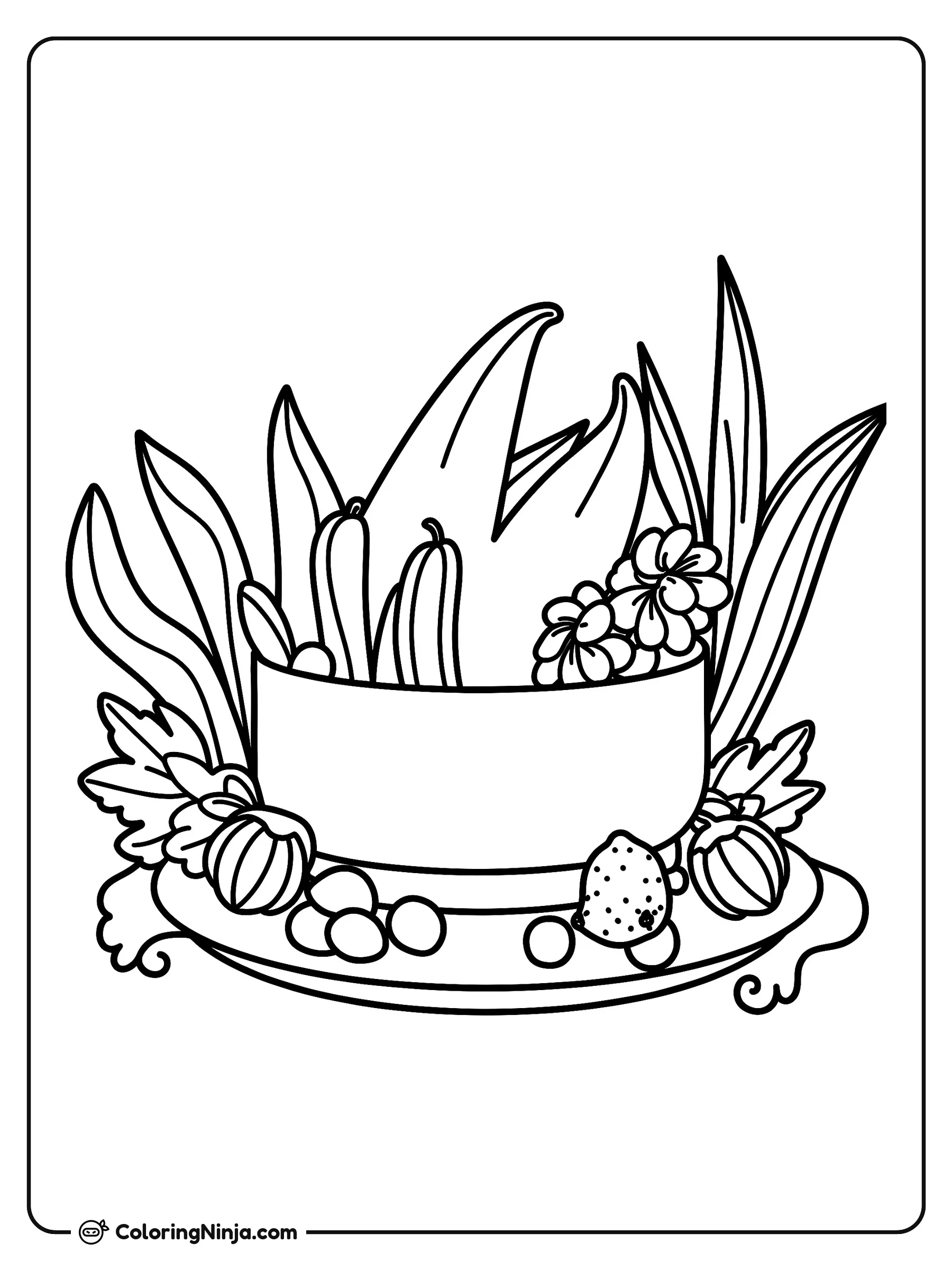 Aventura Herbal con Menta y Hierba Mora, dibujo para colorear: Un recipiente grande contiene agua fresca, tallos de menta, pequeñas flores y hojas alargadas.