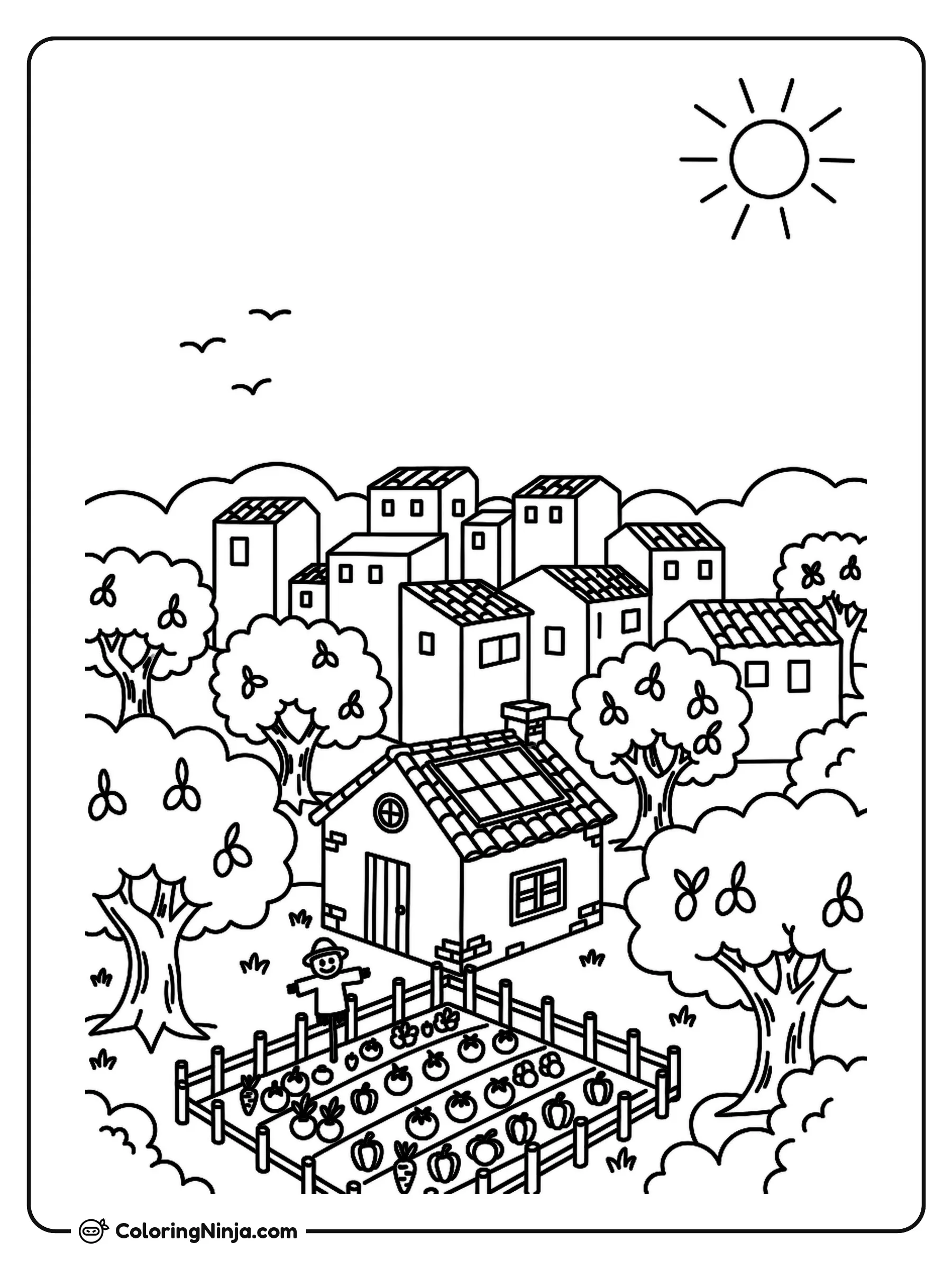 Spanish Village With Olive Groves Coloring Page: This page features a white Spanish village nestled near rolling olive groves.