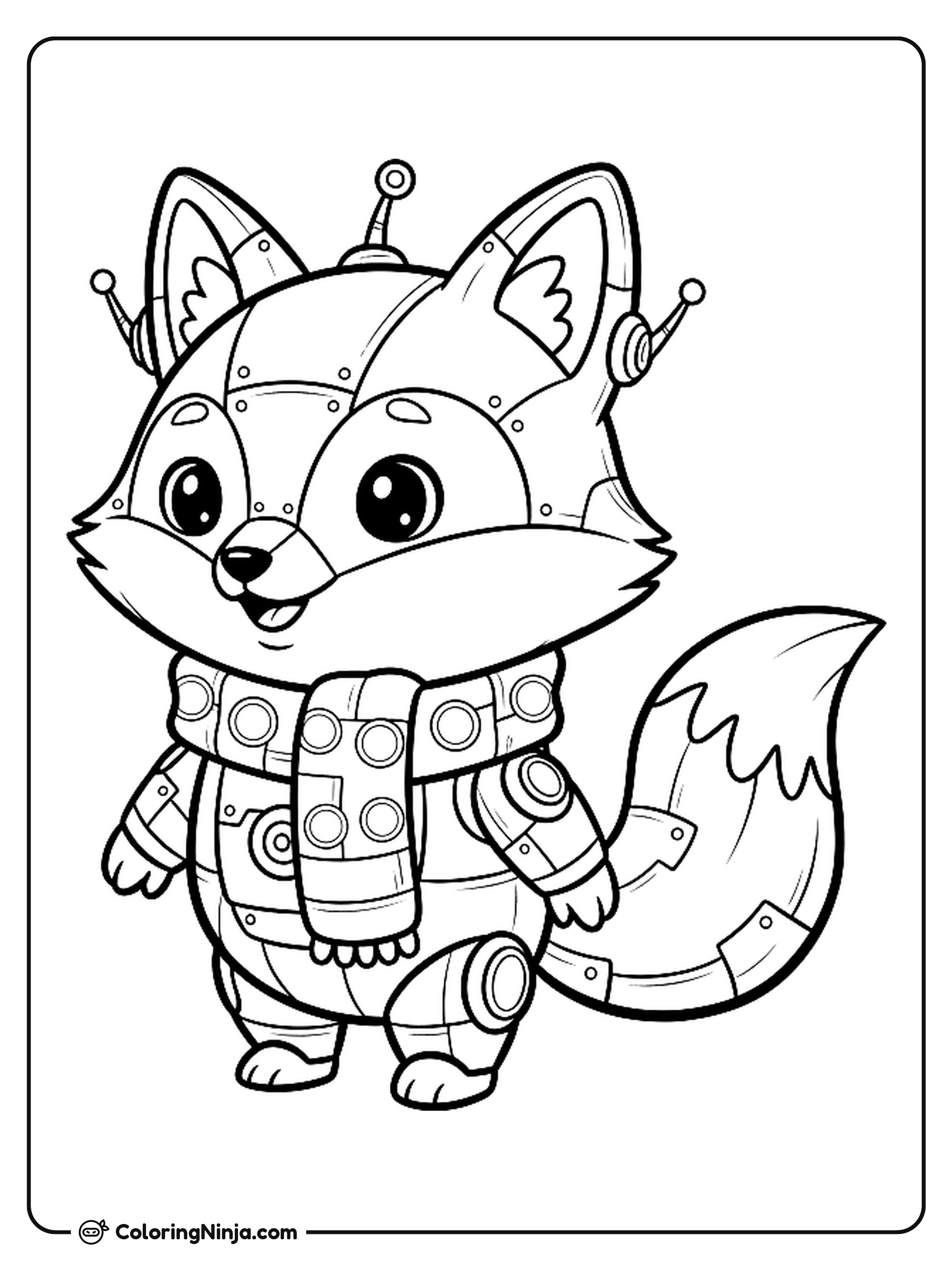Cute Kawaii Explorer Fox Robot Coloring Page