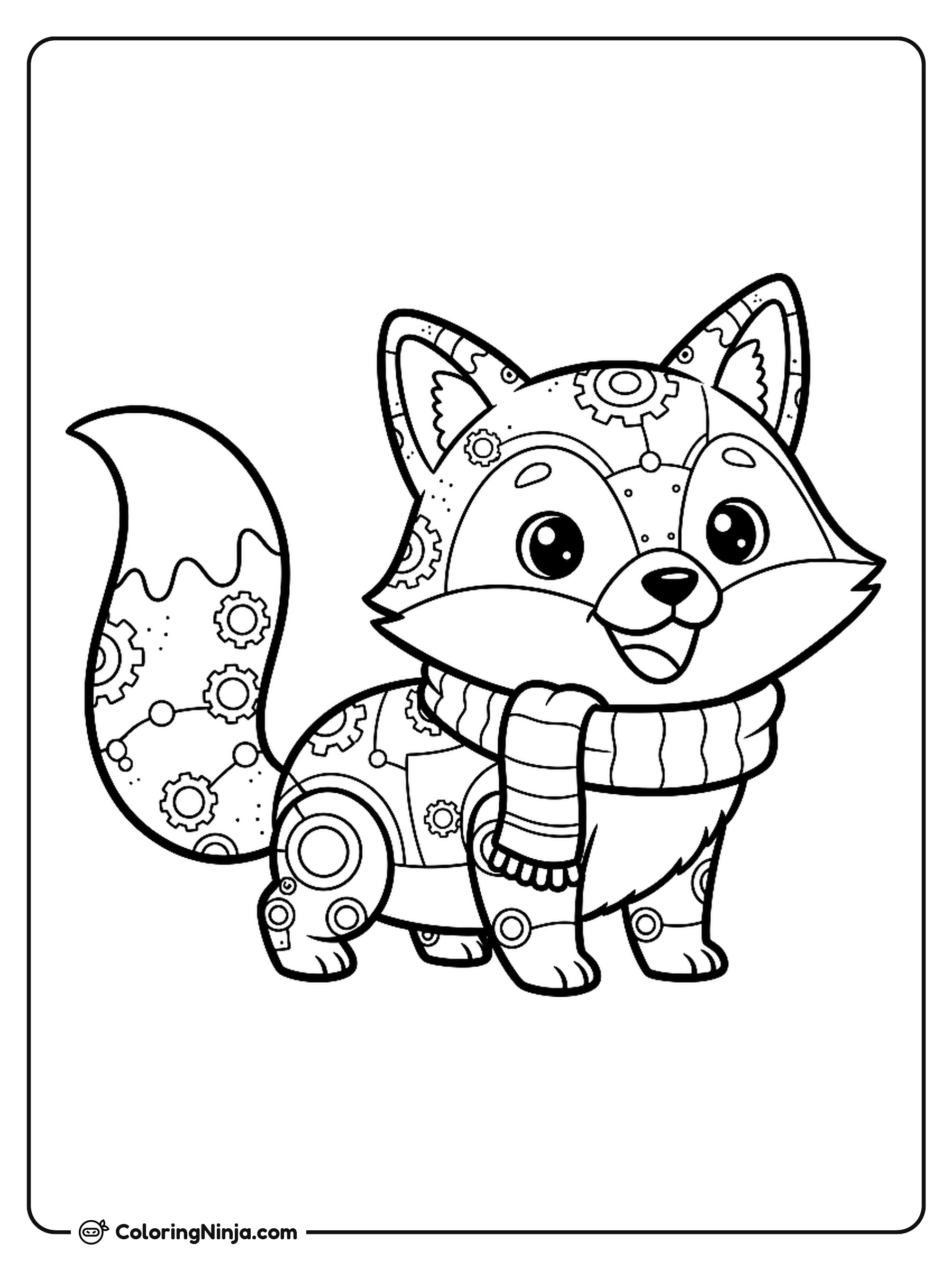 Cute Kawaii Explorer Fox Robot Coloring Page