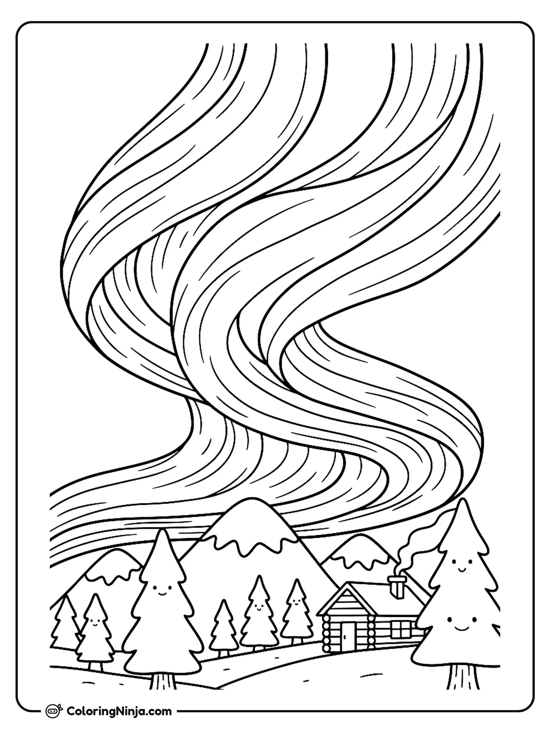 The Magical Northern Lights Coloring Page: This page features an aurora boreal glowing in the night sky above a snowy landscape. Swirls of light stretch across the sky over pine trees and gentle hills.