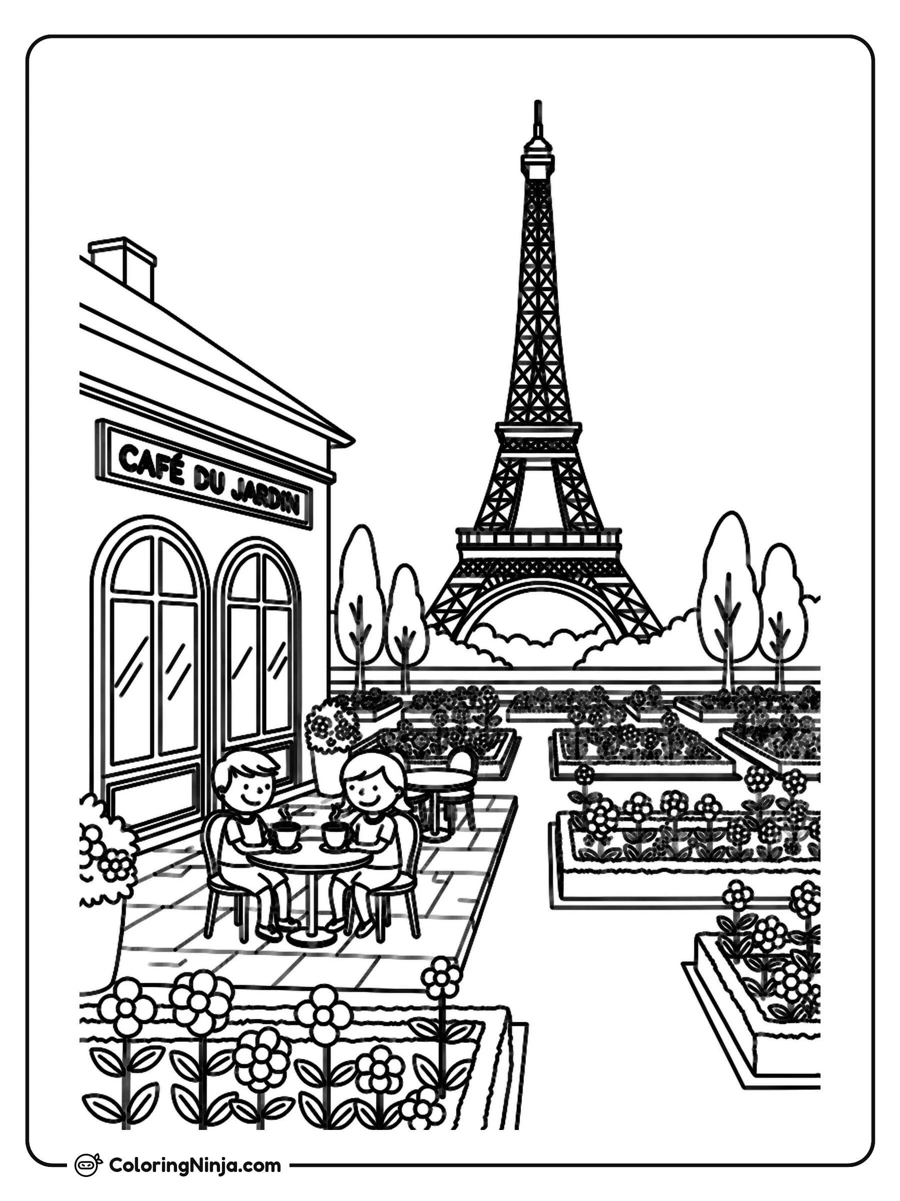 French Garden Cafe Near Eiffel Tower Coloring Page: This coloring page features an outdoor cafe set in a French garden filled with blooming flowers. Tables and chairs sit in the garden area where guests can relax.