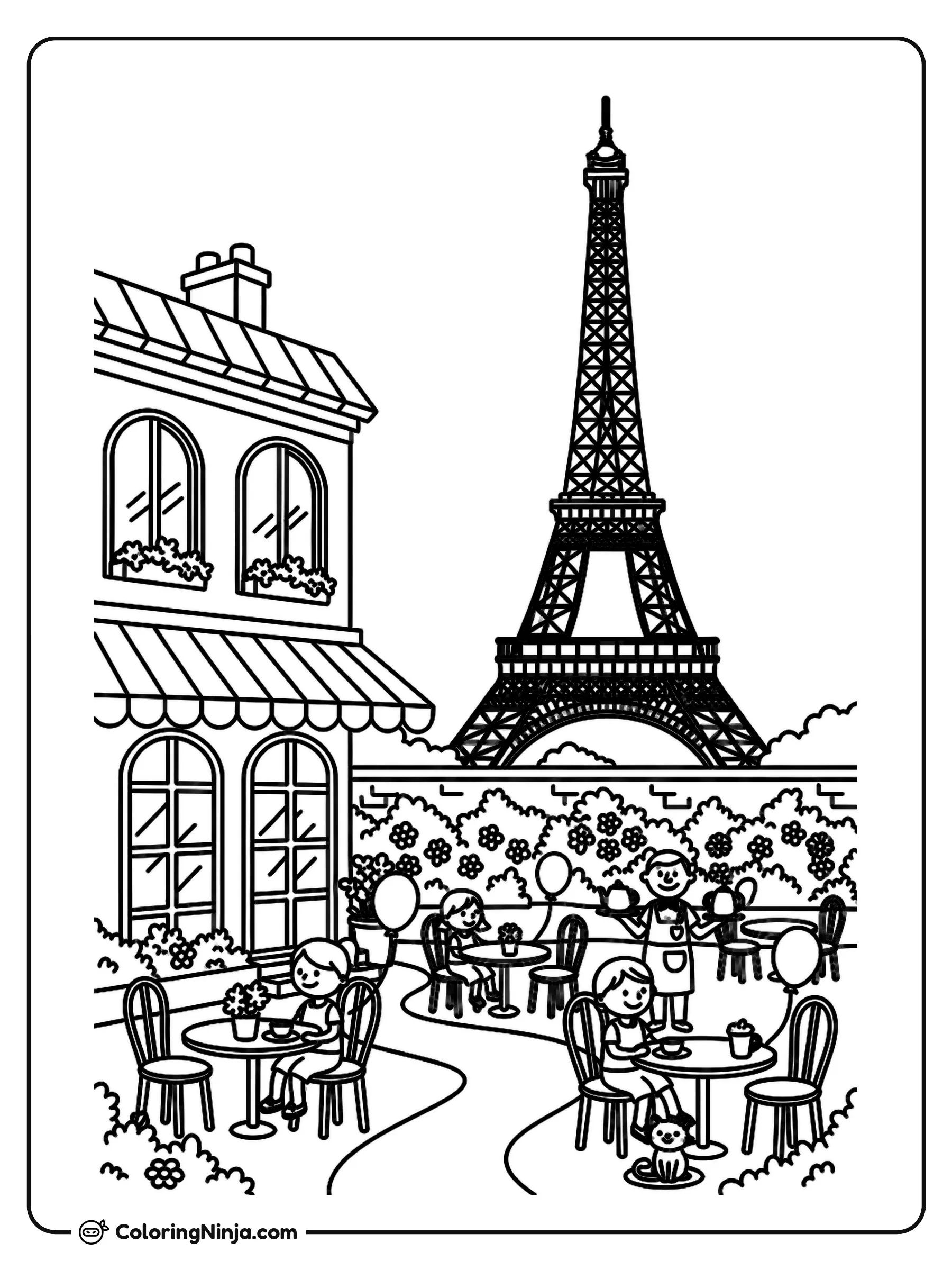 French Cafe Garden and Eiffel Tower Coloring Page: A French cafe features an outdoor garden with tables and chairs. Plants and flowers grow around the seating area. In the distance, the Eiffel Tower rises above the cityscape.