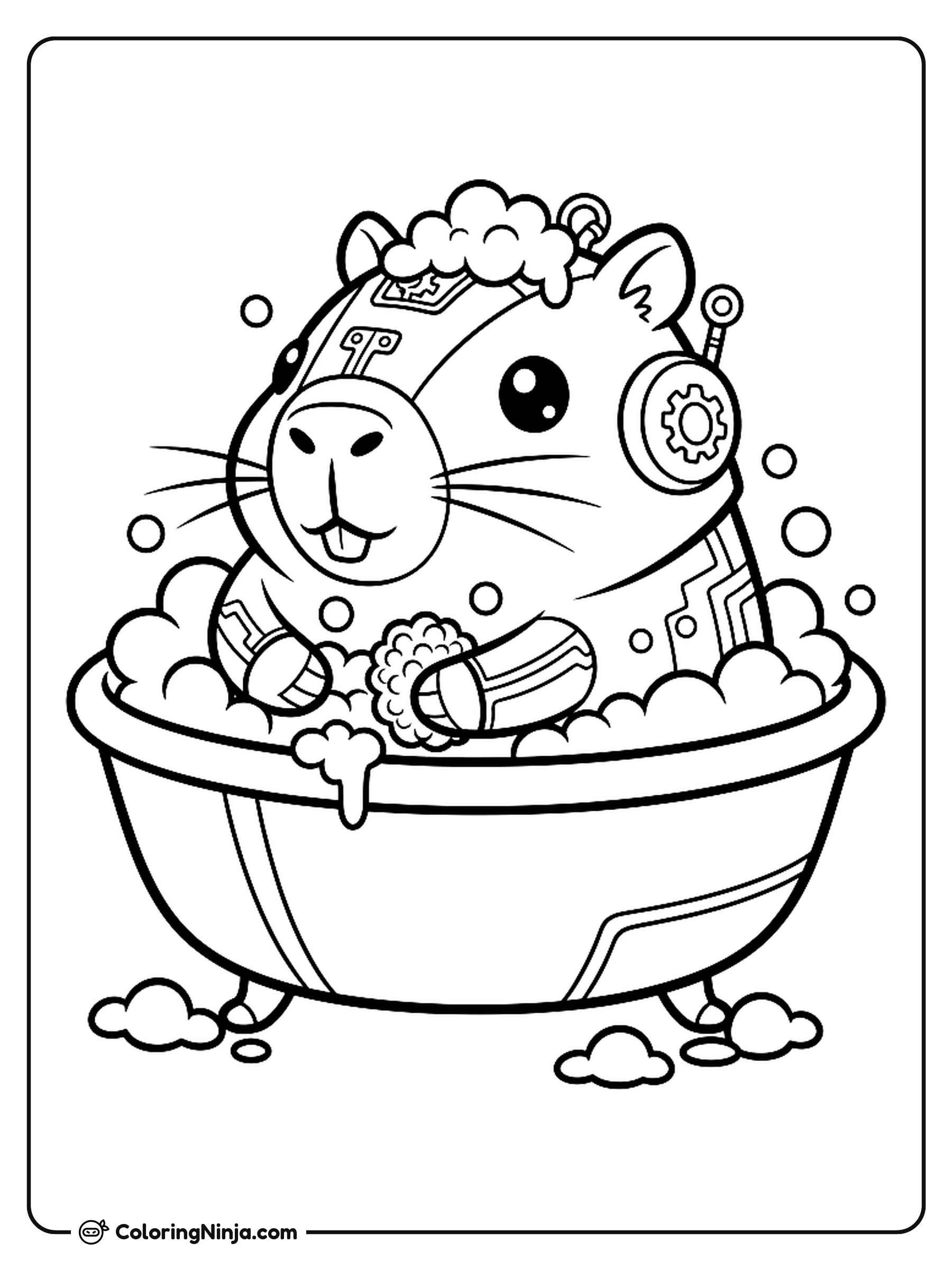 Capibara robot kawaii en el baño: dibujo para colorear