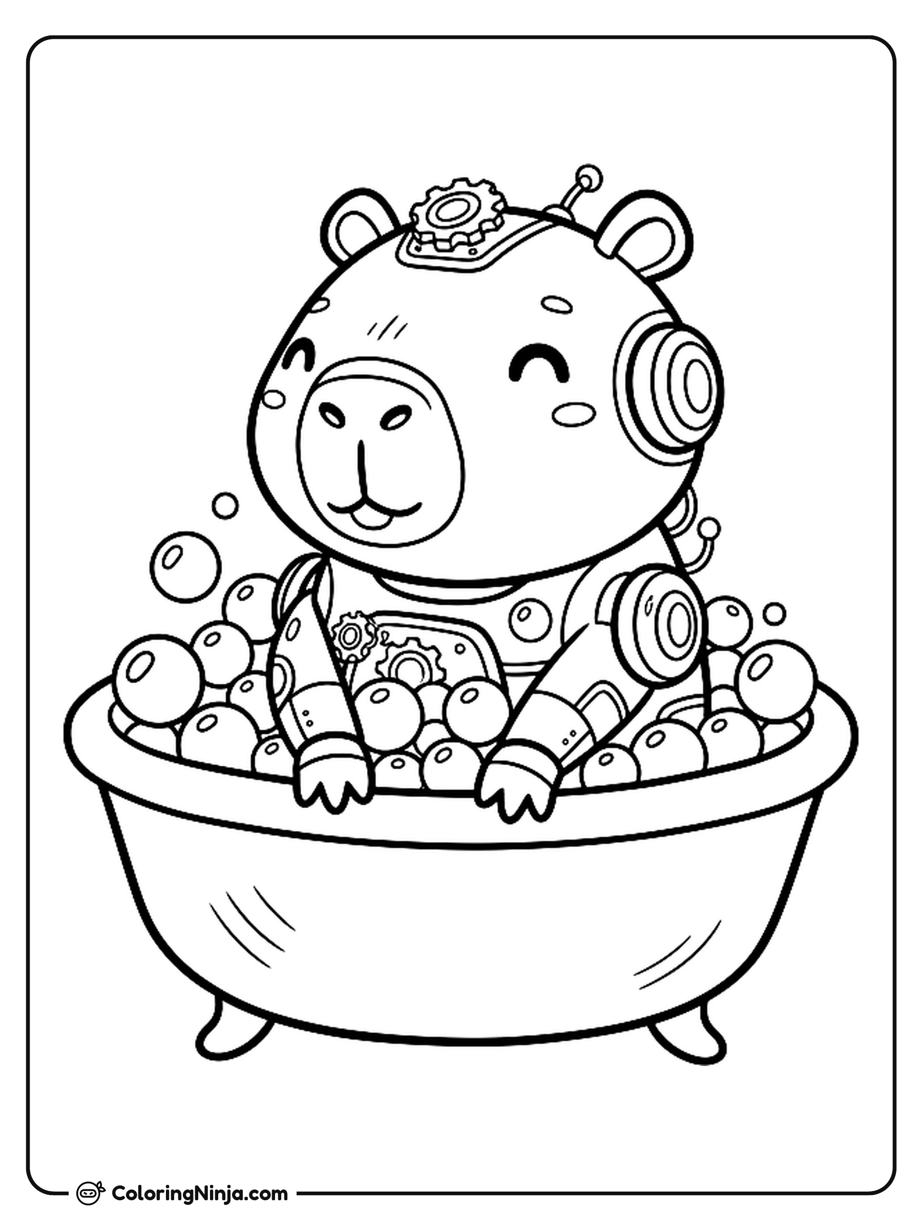 Capibara Robot Kawaii dándose un Baño: dibujo para colorear
