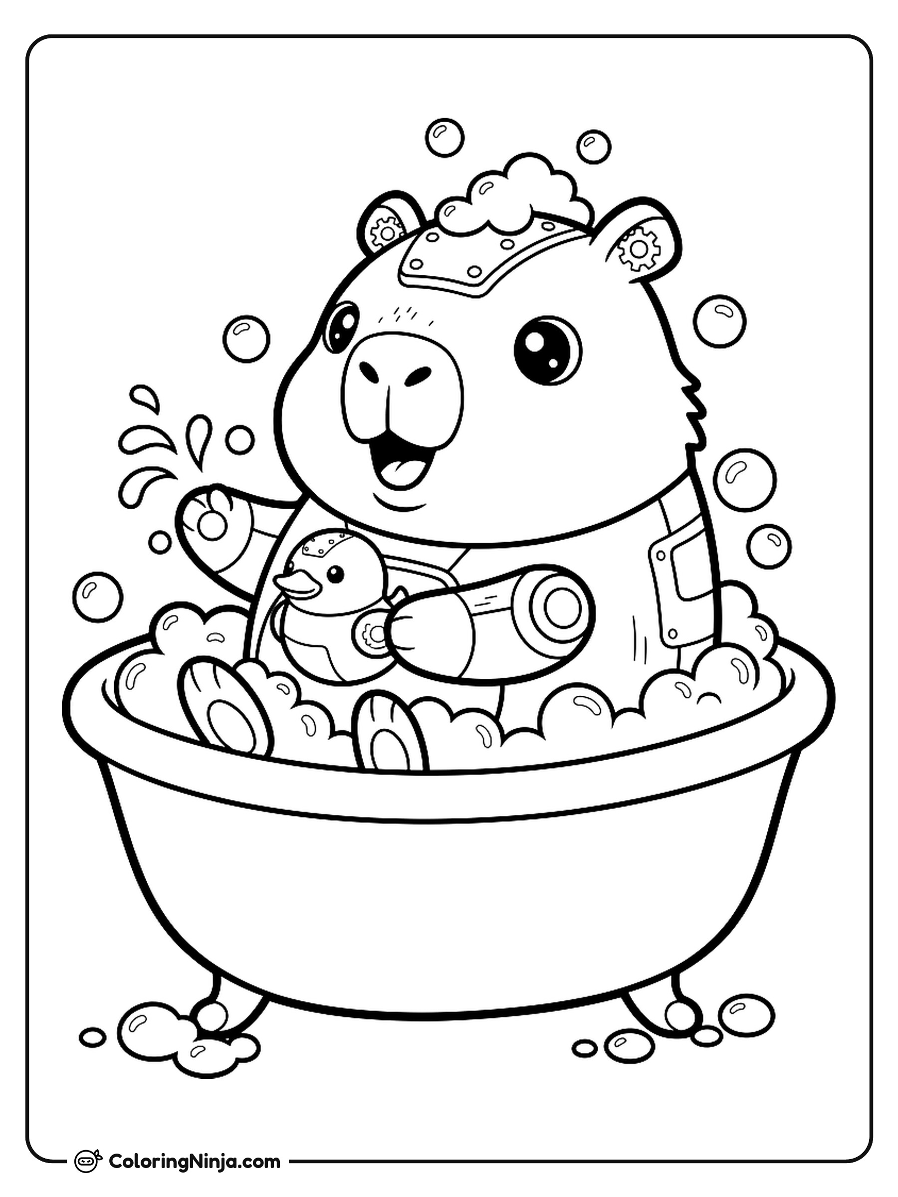 Capibara robot kawaii en el baño: dibujo para colorear