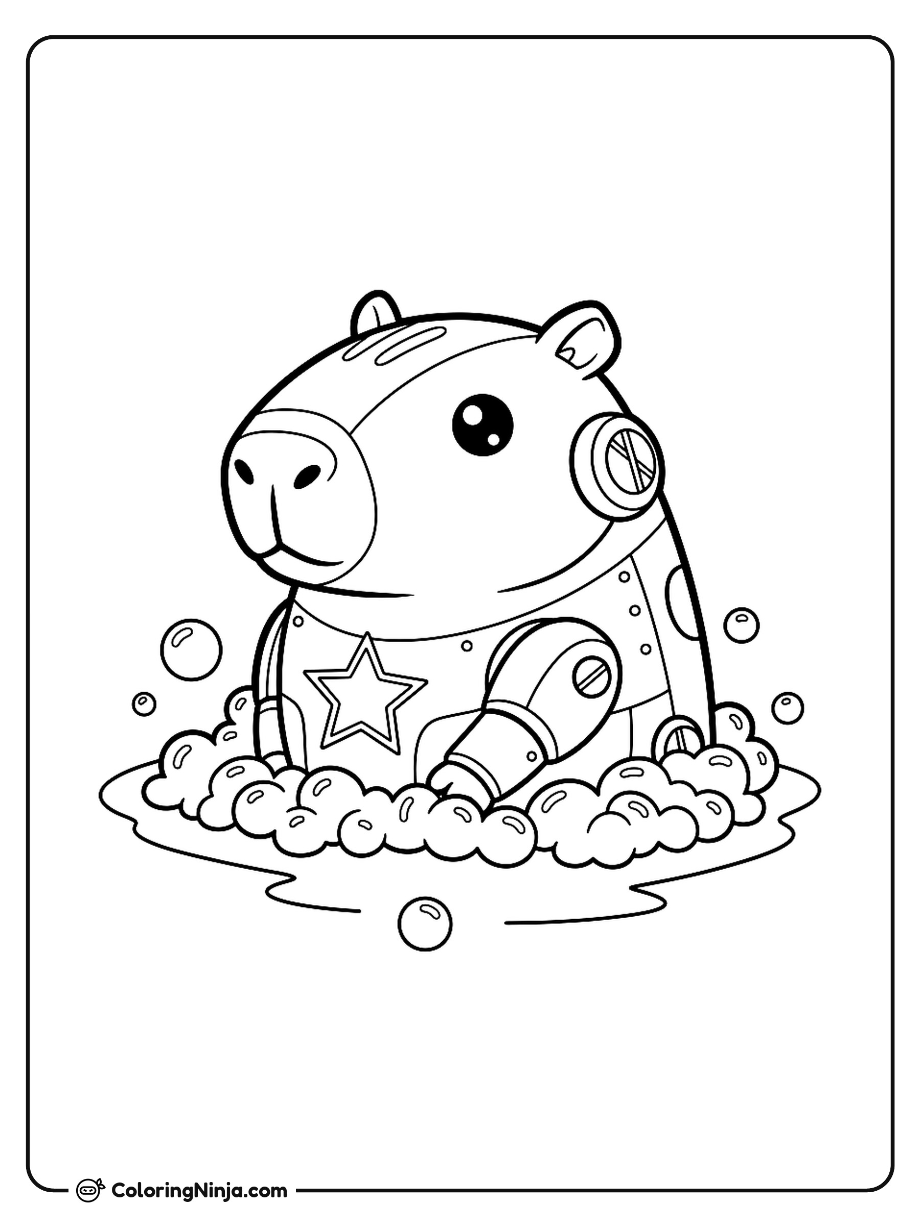 Capibara Robot Kawaii en Baño de Burbujas: dibujo para colorear