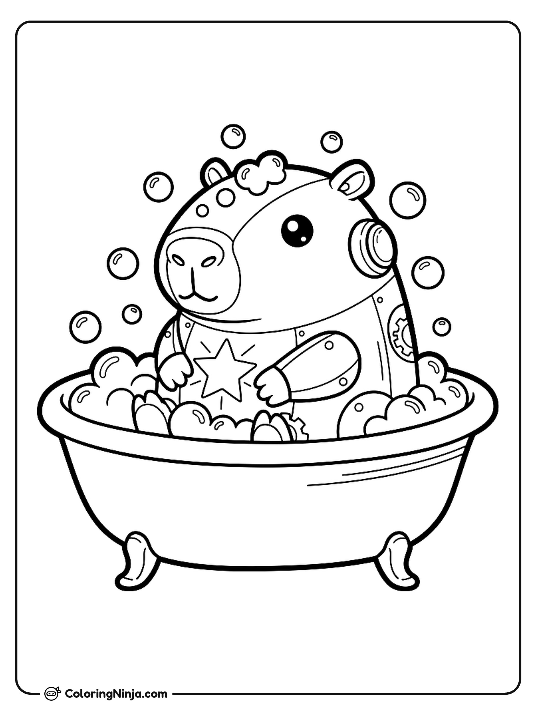Capibara robot kawaii en la tina: dibujo para colorear