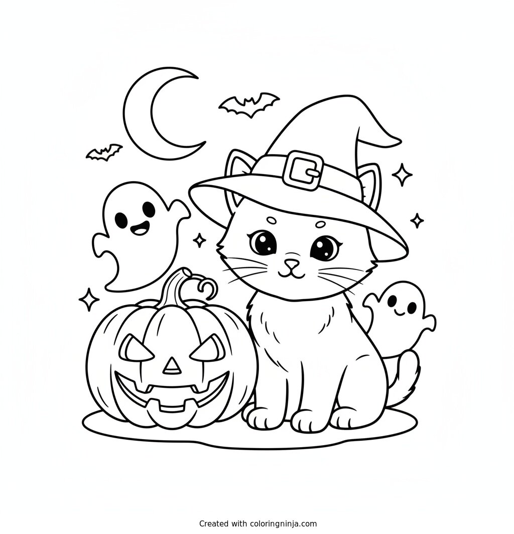 Gatita Con Sombrero De Bruja Coloring Page