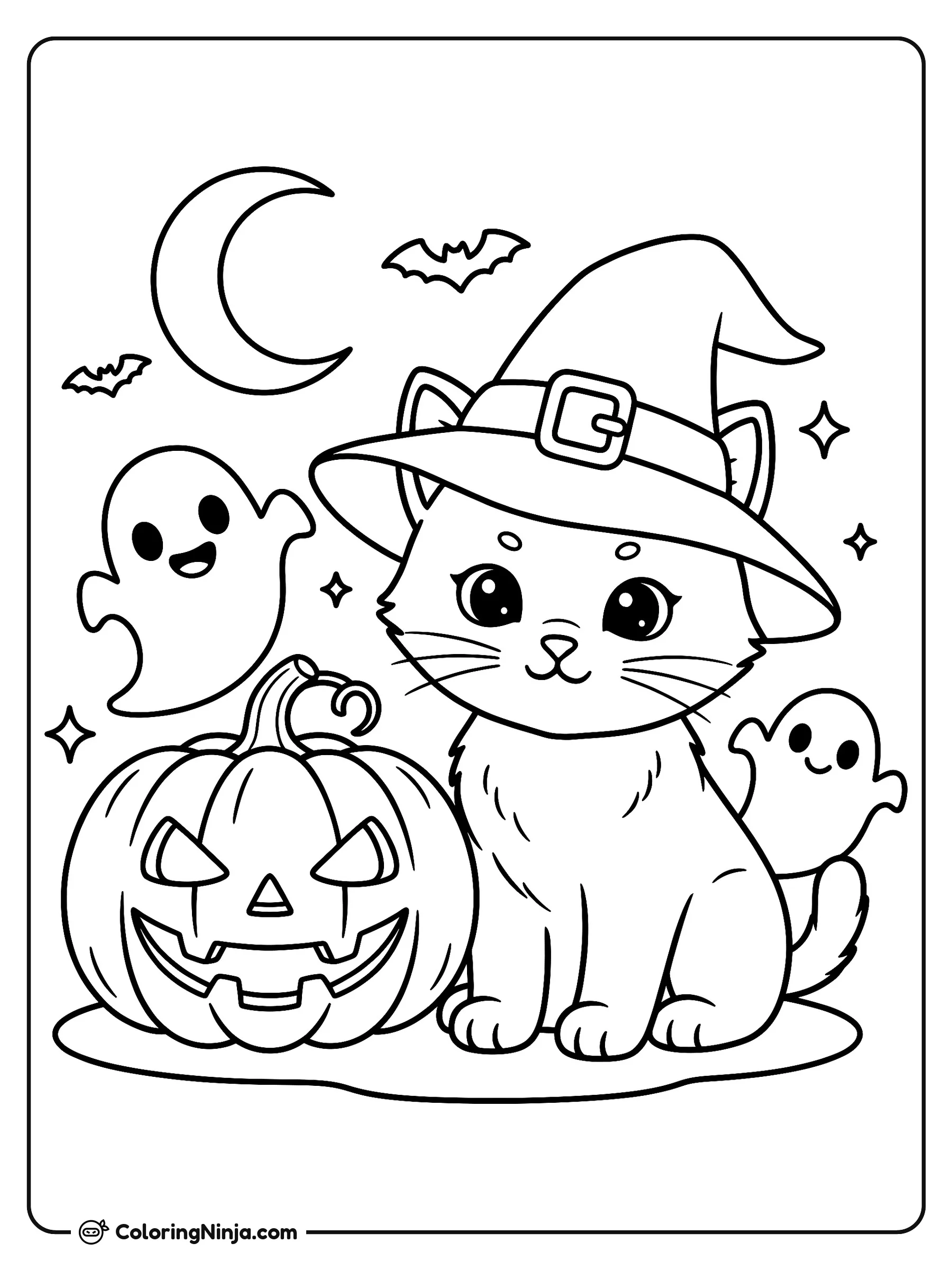 Gatita con Sombrero de Bruja, dibujo para colorear: Una tierna gatita con sombrero de bruja está sentada junto a una calabaza tallada de Halloween.