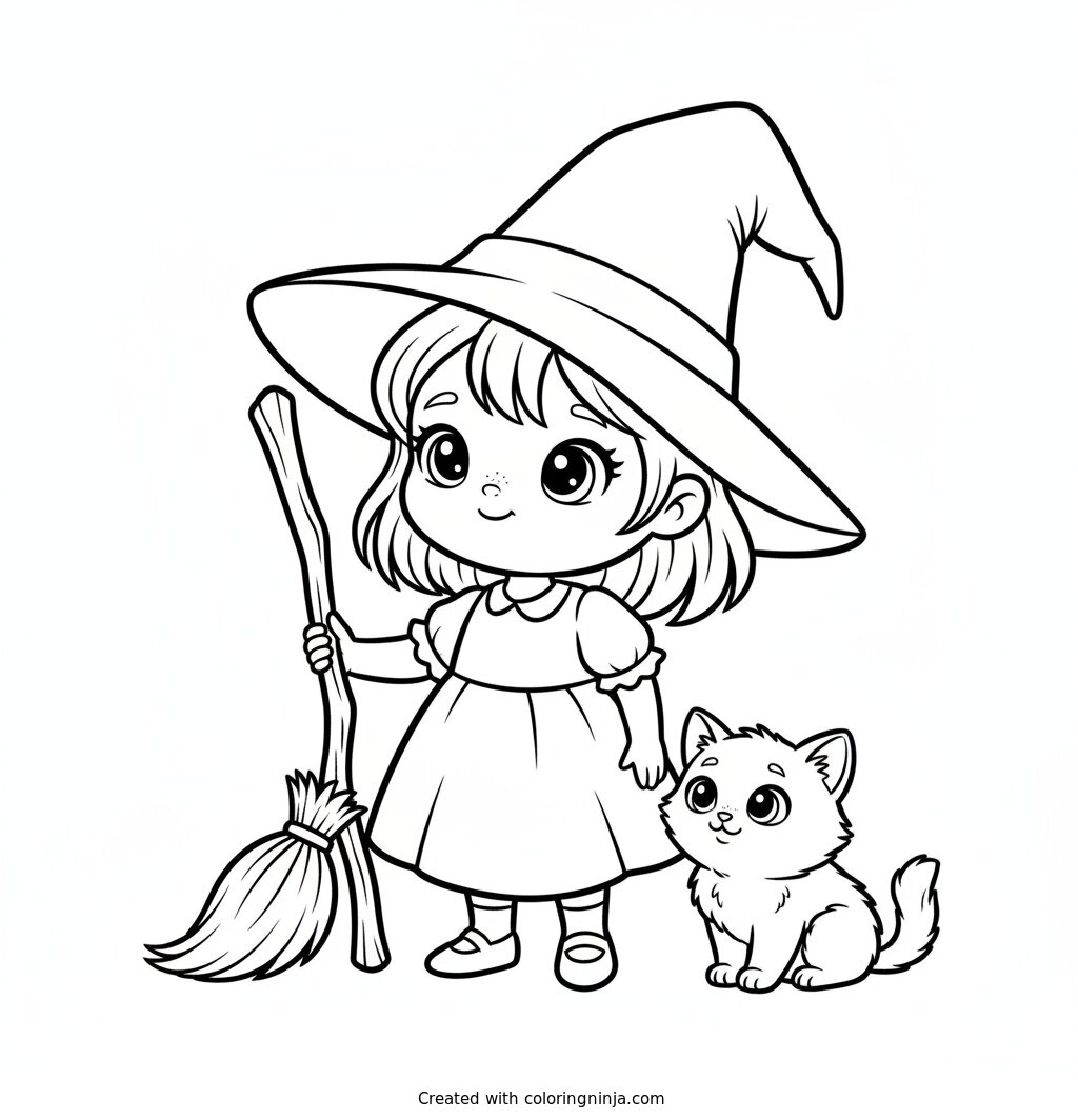 Little Witch and Black Cat Coloring Page