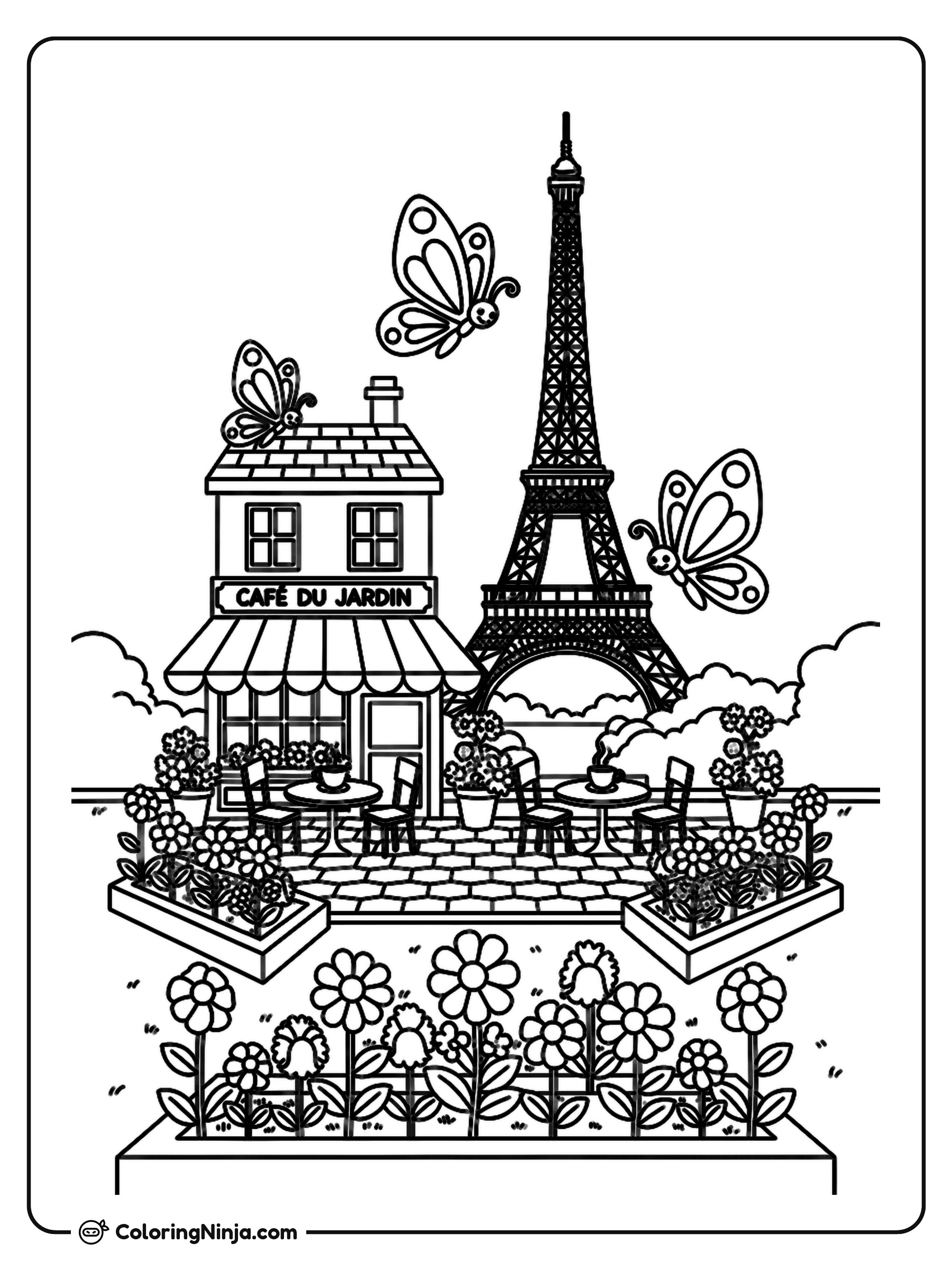 French Garden Cafe Near Eiffel Tower Coloring Page