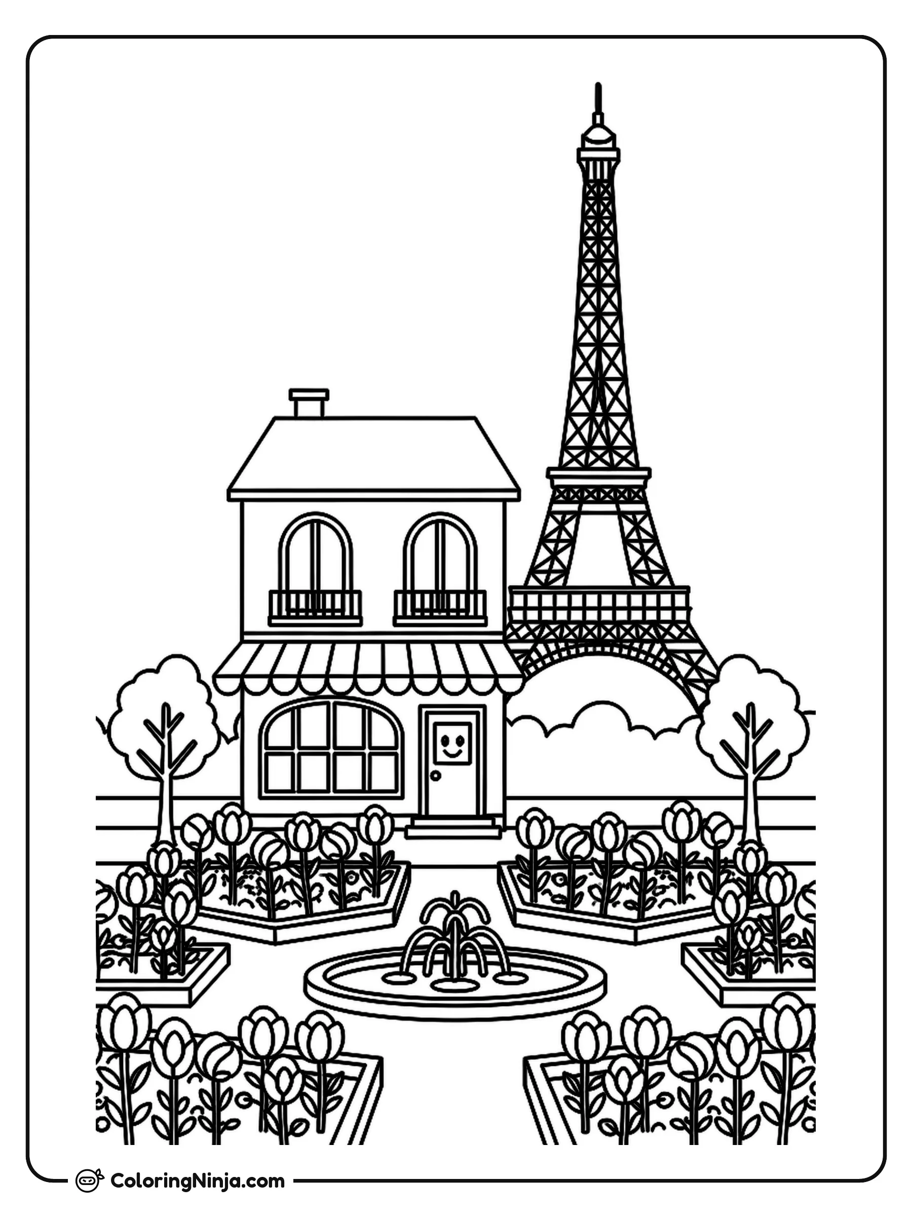 French Garden Cafe Near Eiffel Tower Coloring Page: This coloring page features a small French cafe with a lovely flower garden. The iconic Eiffel Tower stands tall in the background behind the building.