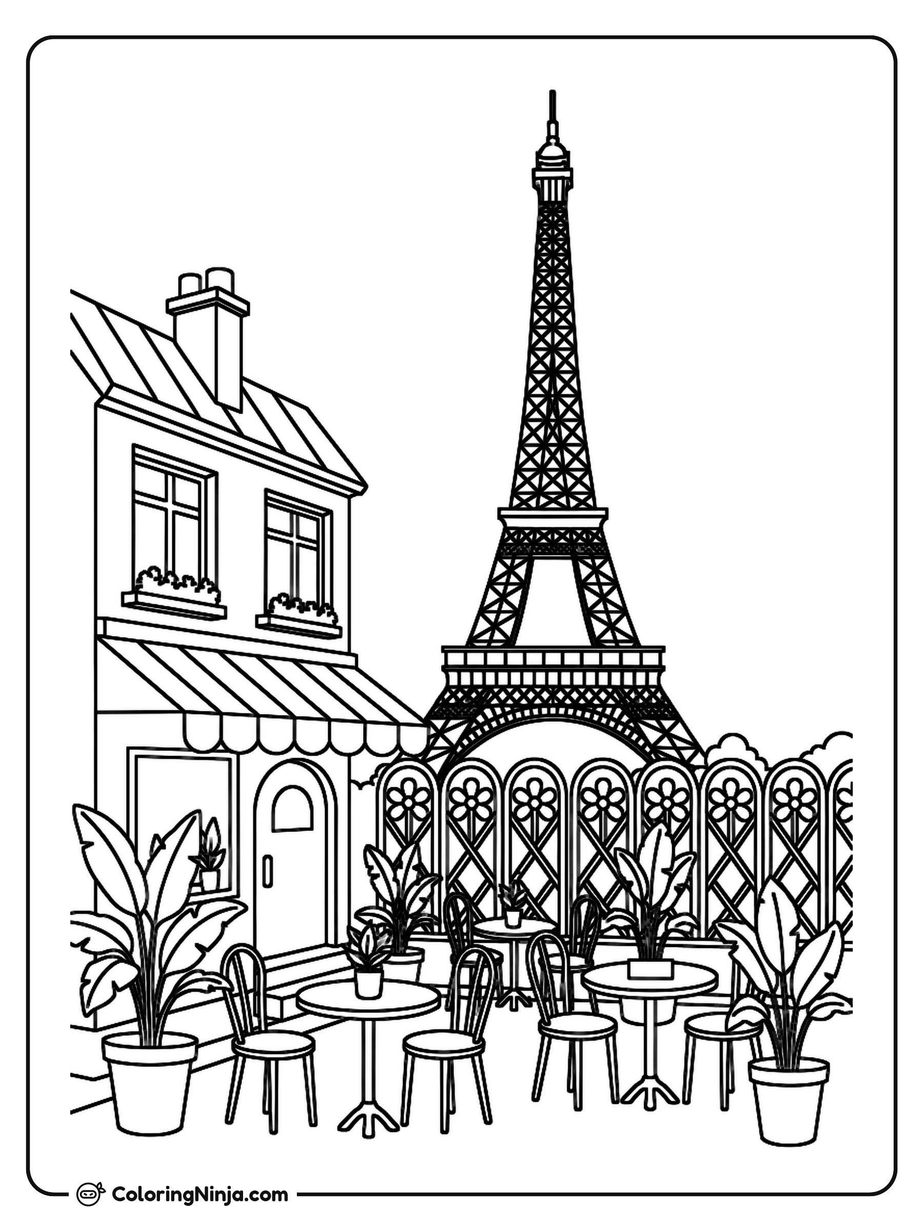 Little Cafe With Eiffel Tower Coloring Page
