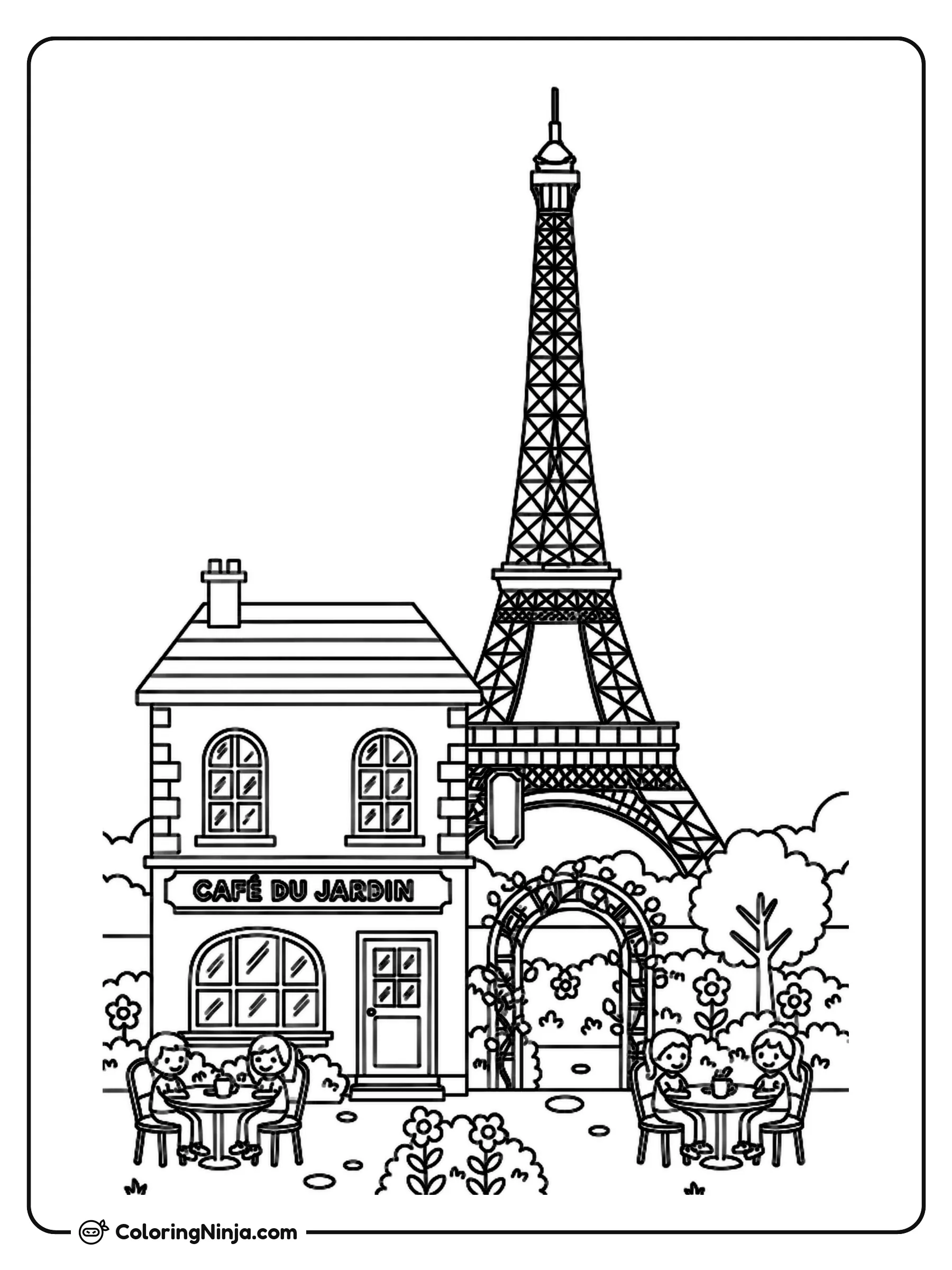 Little French Cafe with Garden Coloring Page: A small French cafe sits next to a garden with the Eiffel Tower standing in the background. The charming scene includes outdoor seating surrounded by plants and flowers in the garden area.