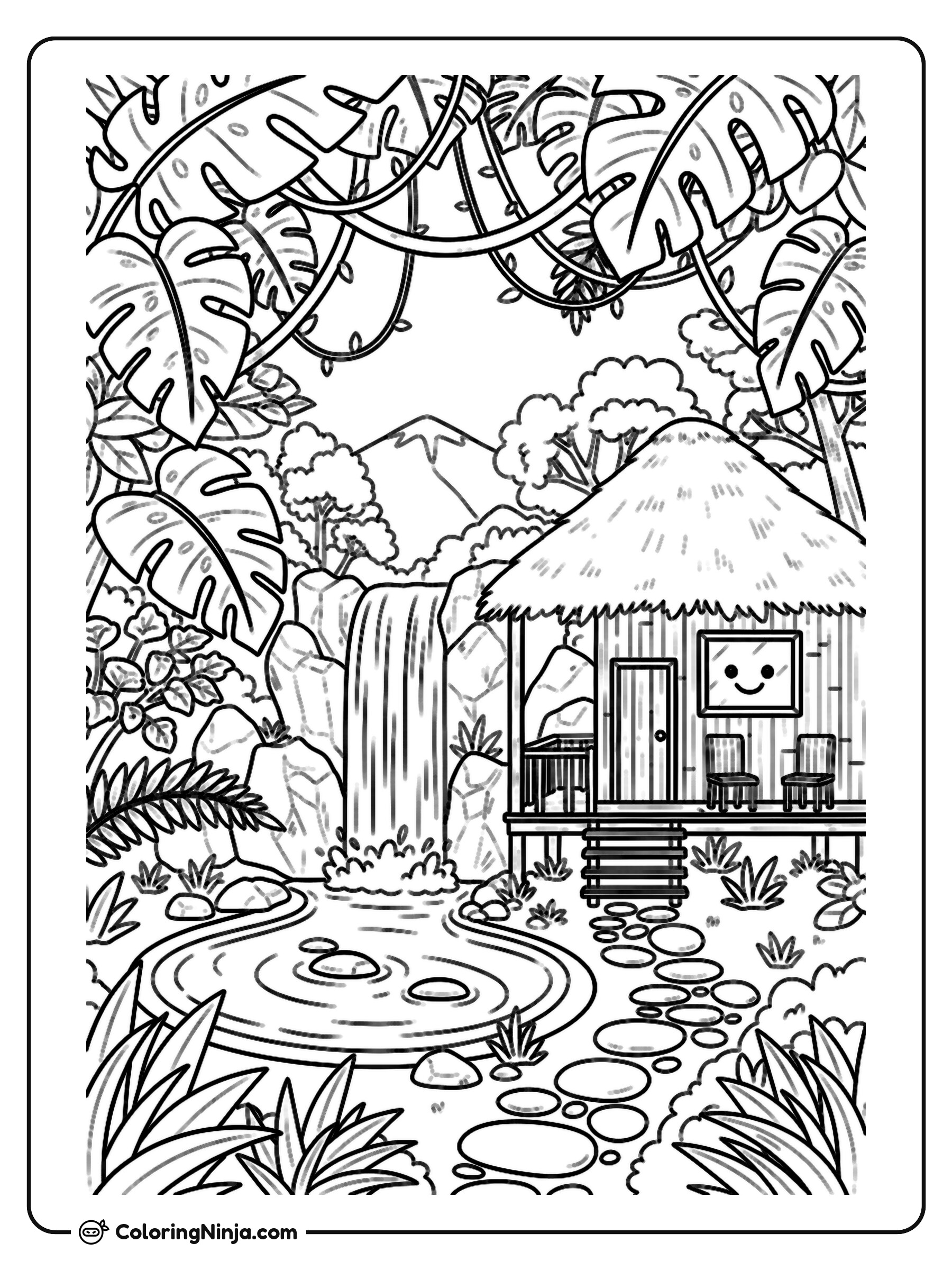 Cabaña de investigación en la selva costarricense: dibujo para colorear