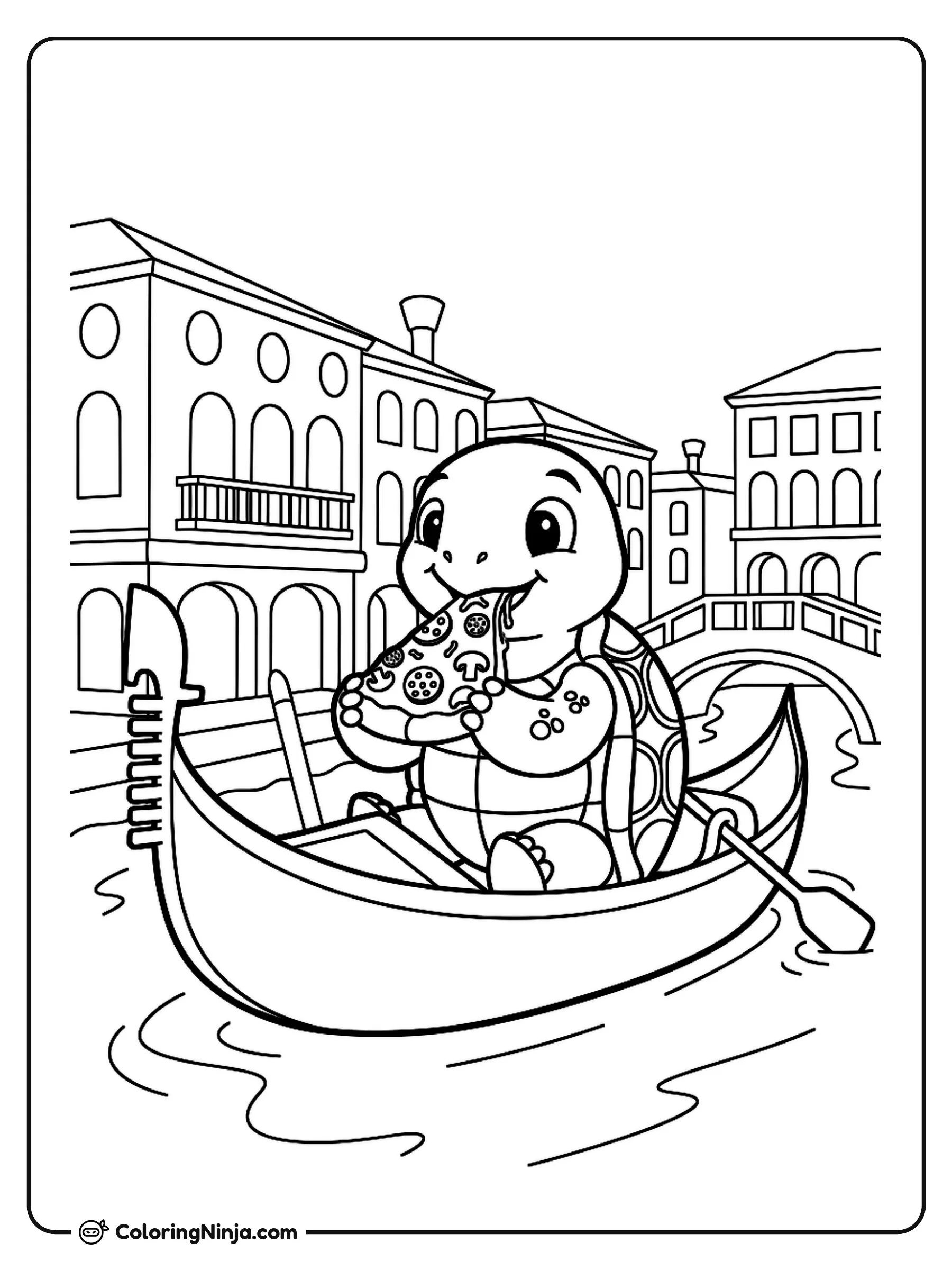 Turtle Eating Pizza in Venice Coloring Page: This page features a turtle sitting inside a Venetian gondola while eating a slice of pizza. The scene takes place in Venice, showing a traditional canal setting surrounding the boat.
