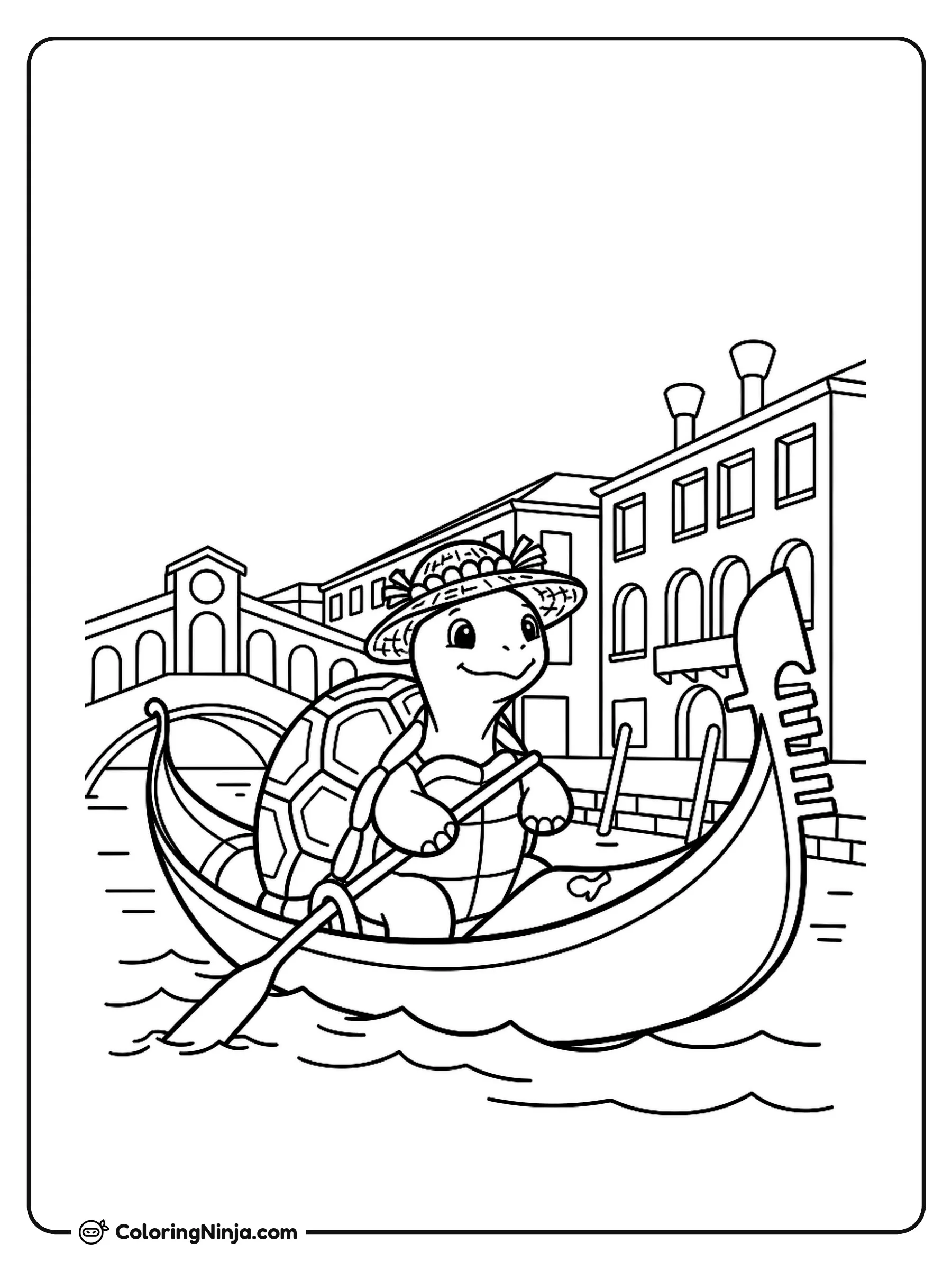 Turtle in a Venetian Gondola Coloring Page: A turtle sits inside a traditional Venetian gondola as it floats through Venice. Venetian buildings and arched bridges surround the canal setting.